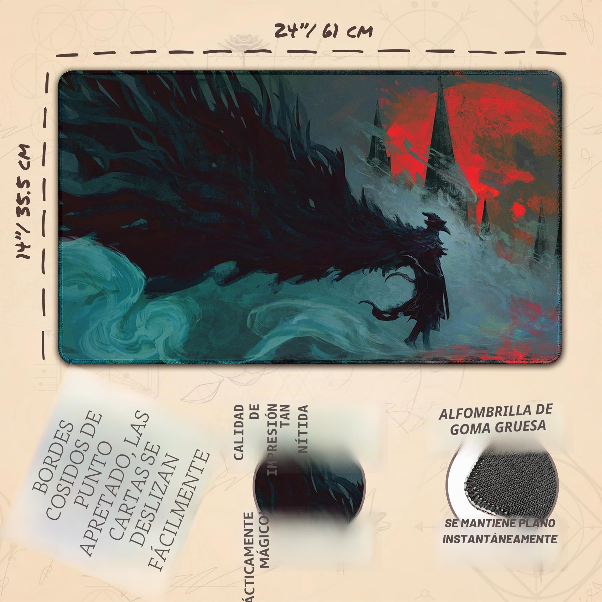 The Raven's Nightmare (Bordes cosidos) - Alfombra de Juego Bloodborne - Compatible con tapete de Juego Magic The Gathering - Juega a MTG, YuGiOh, TCG - Diseños Originales y Accesorios