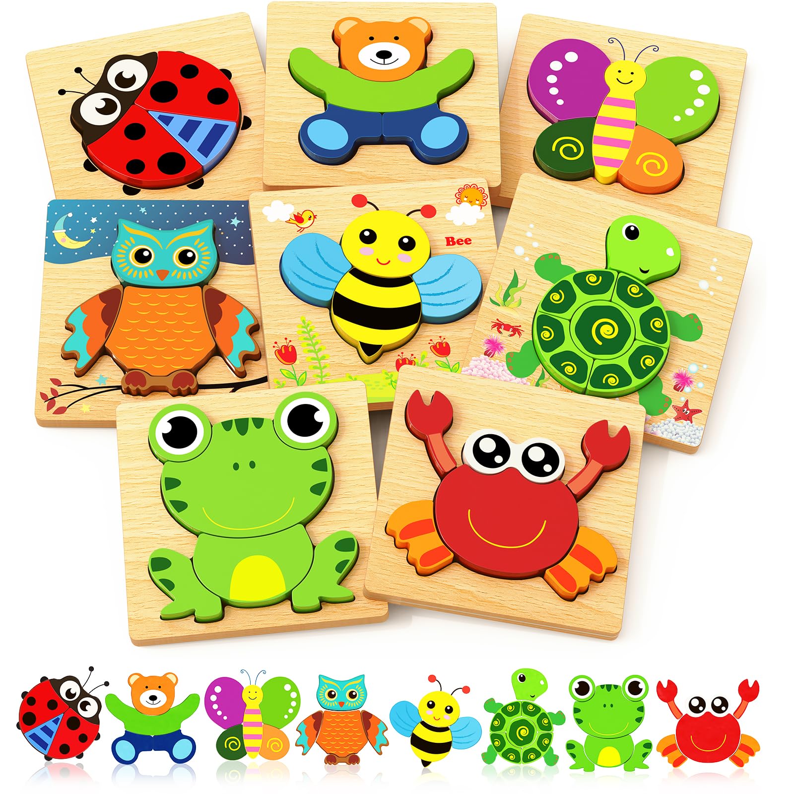 Bekayshad Wooden Puzzles Toddler Toys Gifts for 1 2 3 Year Old Boys Girls, 8 Pack Animal Jigsaw Puzzles Montessori Toys, Learning Educational Christmas Birthday Gifts for Girls Boys Ages 1-3