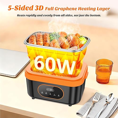 Miniatura 3 de Lonchera eléctrica inalámbrica, gran capacidad de 1.5 litros y calentamiento rápido de grafeno, lonchera portátil con temporizador inteligente,