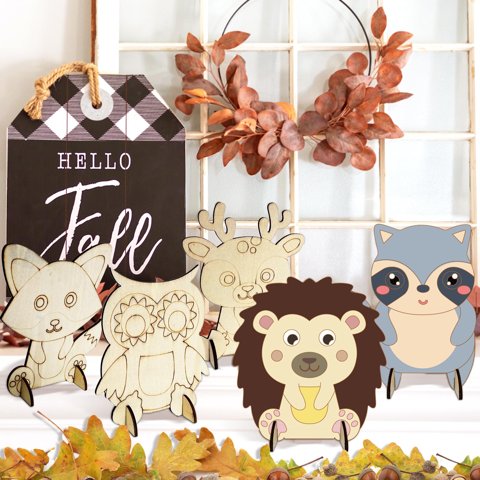 HILKKET Igel Bastelset für Kinder, 12 Pcs Herbst Anhänger Holz Deko mit Pigmente, 3D Eule Holzbastelsets, Herbst Basteln Kinder zum Basteln und Bemalen Fuchs, Elch, Eichhörnchen, Waschbär Jesienne