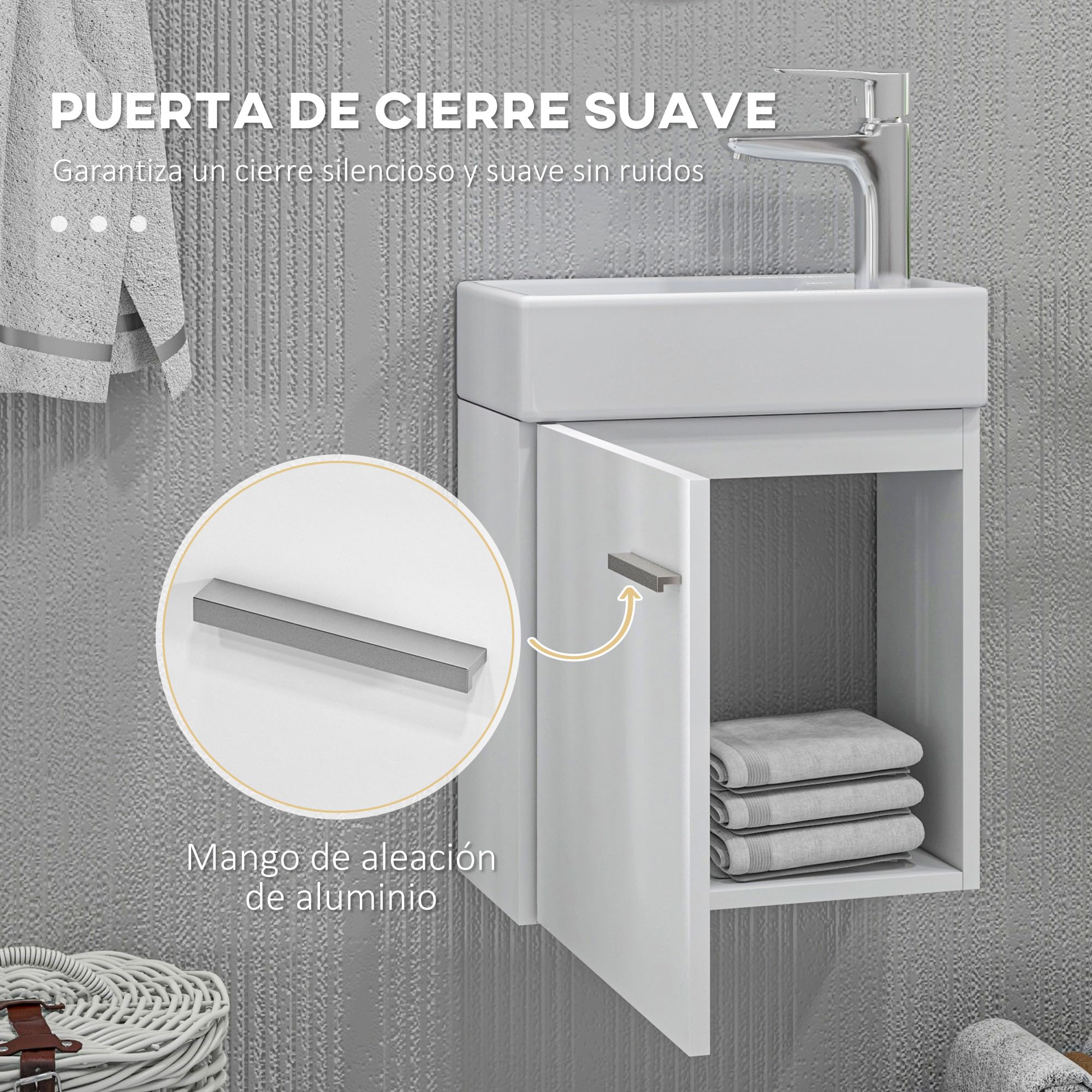 HOMCOM Mueble de Baño Estrecho con Lavabo de Pared 40x23x50cm Blanco Brillo | Mueble para Lavabo, con Puerta, Cierre Suave, Estilo Moderno