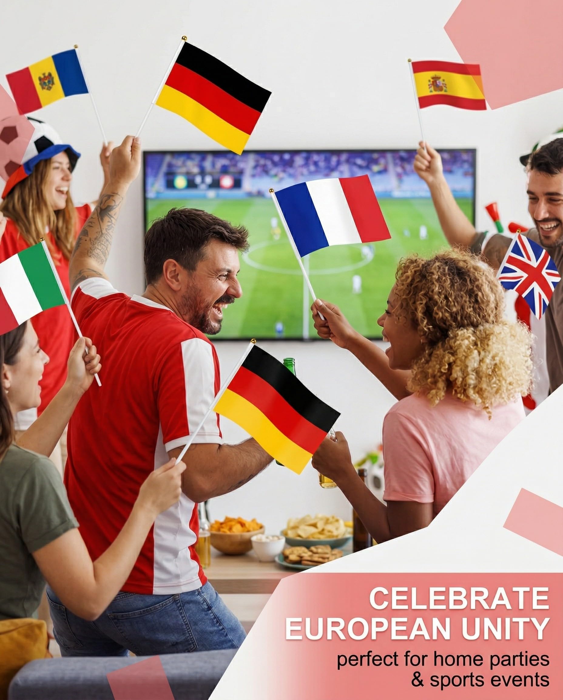 Banderas Países Europeos 24 Unidades Doble Cara con Palo para Mundial Eurocopa Fútbol Fiestas Decoración Eventos Deportivos