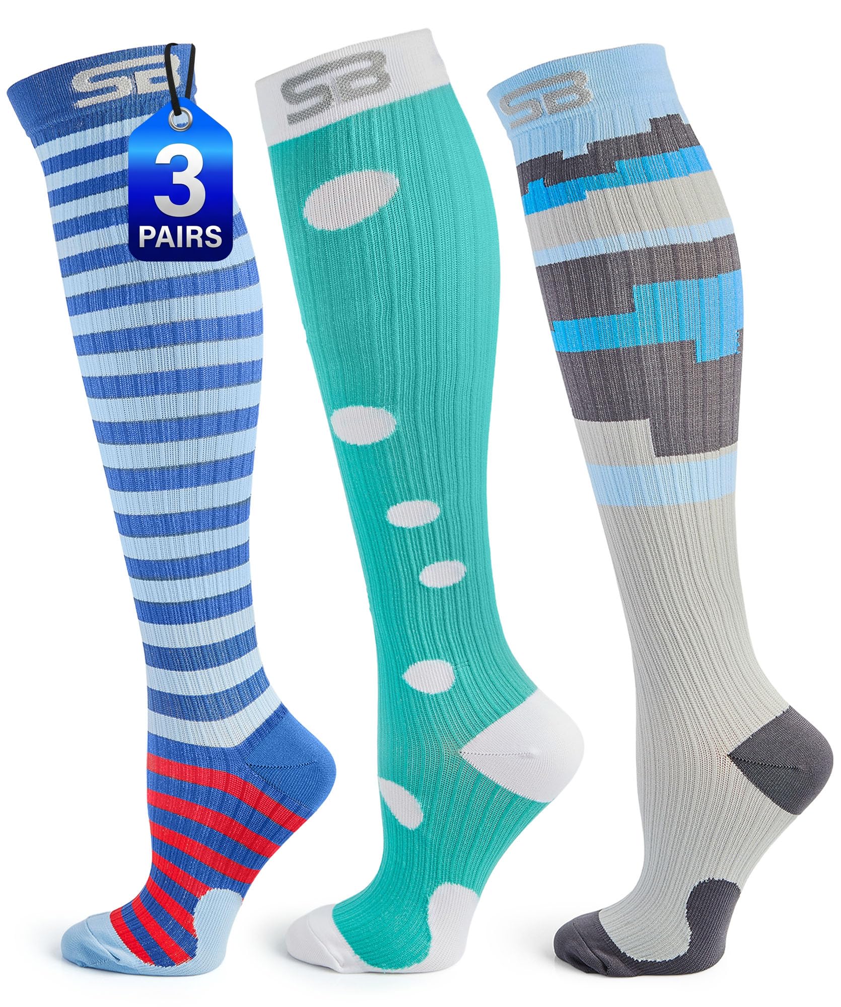 SB SOX 3-Pair Compression Socks for Women & Men (15-20mmHg) – Womens Compression Socks for Pregnancy, Maternity, Wide Calf & All Day Wear! (S/M, 07 – Multi-color)