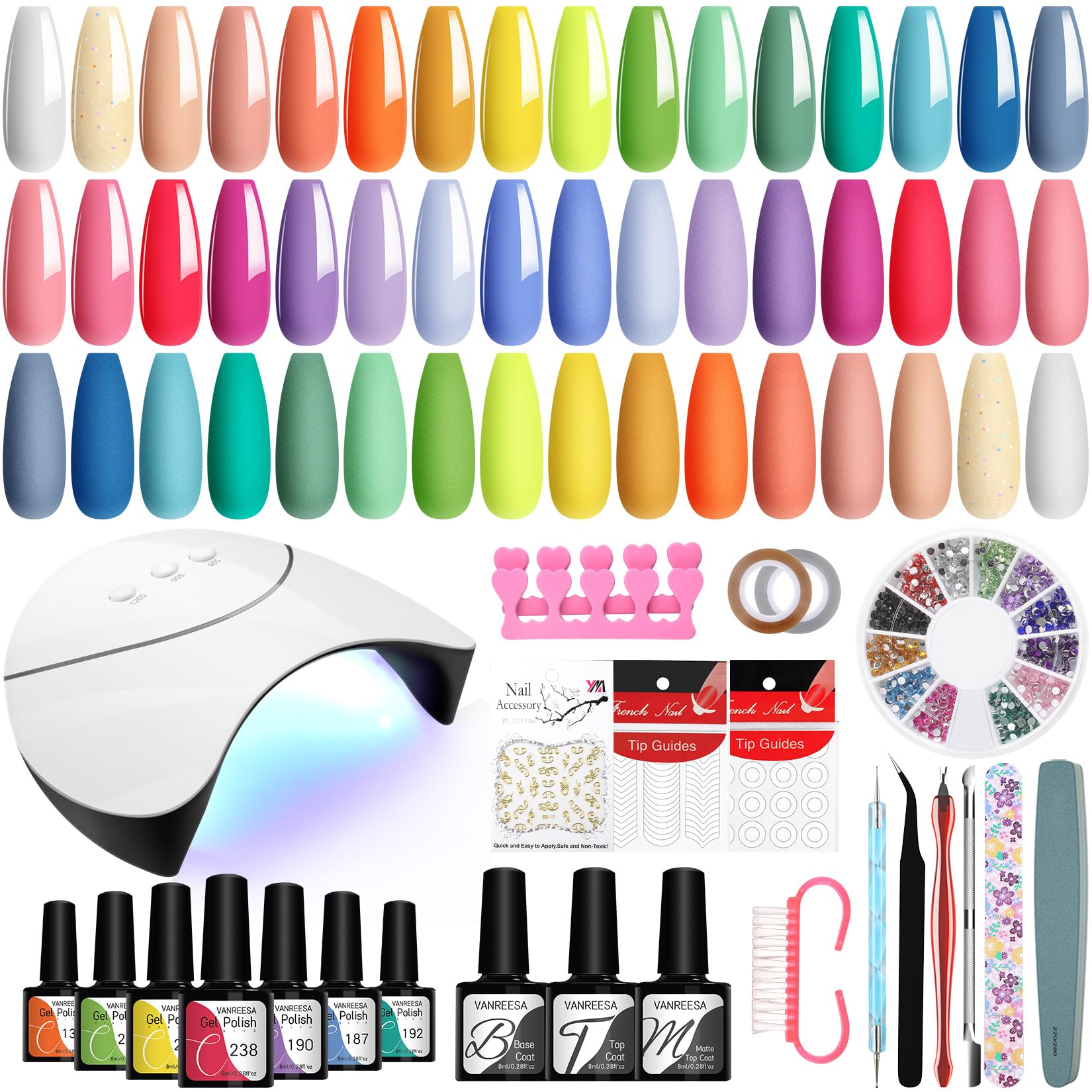 VANREESA Uñas Semipermanentes Kit Completo y Lámpara U V 24 Colores Kit Uñas Semipermanentes con Base Top Mate Top Coat Kit Manicura Semipermanente, Regalos para Mujeres