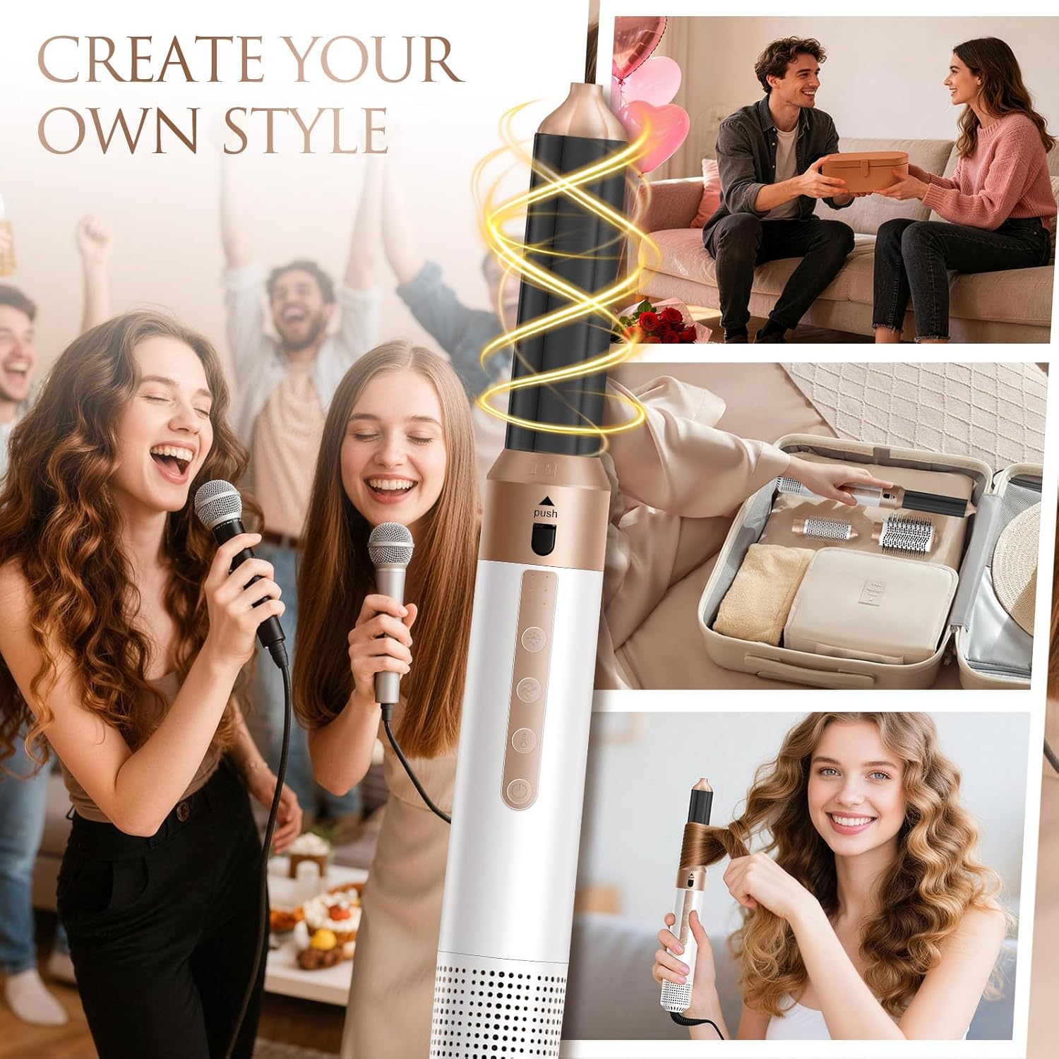 5-in-1 Hair Styler, Hot Air Brush Set, Detachable Hair Dryer Brush Air Curler Air Styler Wrap, Hair Styling Tool for Curling, Straightening, Volumizing,Hair-Dryer Brush for Salon-Style at Home/Travel