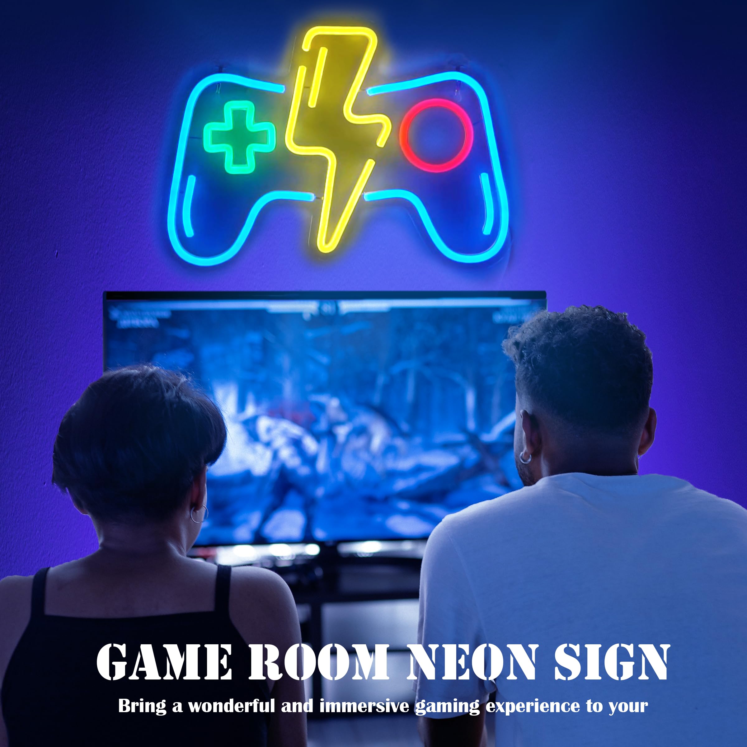 Game Room Wandschild – Retro-Gaming-Dekor Mit Neon-Controller – 20x30 Cm, Metall – Lustige Regeln Für Gamer