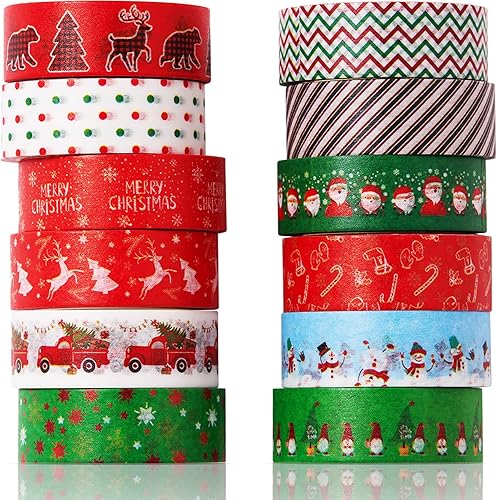 12 rollos de cinta adhesiva Washi de Navidad de 0.591 in de ancho para invierno, copos de nieve, árbol de Navidad, cinta adhesiva decorativa para
