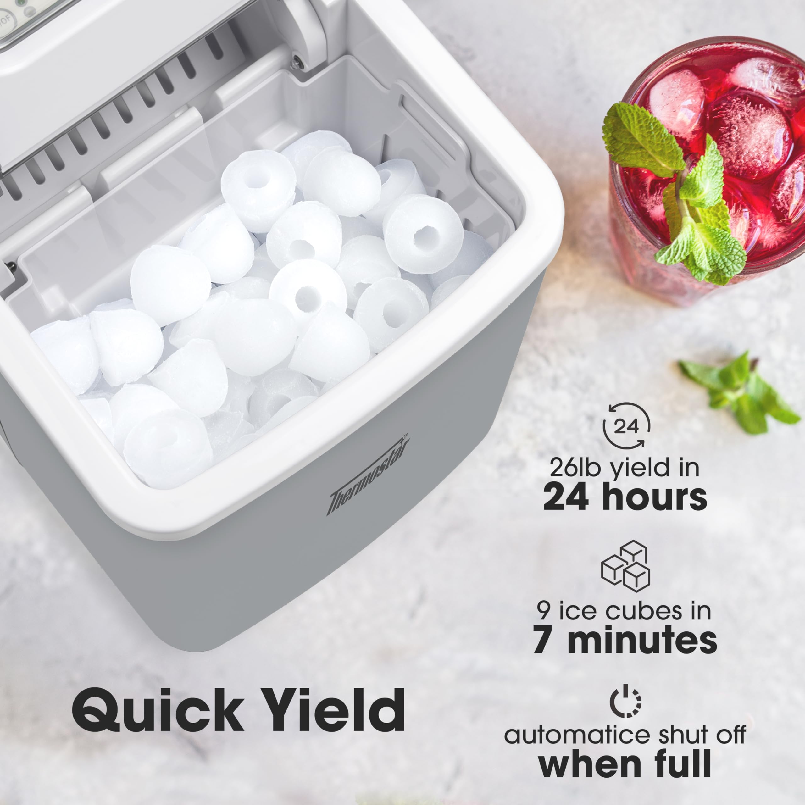 Nostalgia Thermostar Automatic Self-Cleaning Portable Electric Countertop Ice Maker Machine, 26 Pounds in 24 Hours, 9 Ice Cubes Ready in 7 Minutes, with Ice Scoop and Basket, Silver on Fridge.com