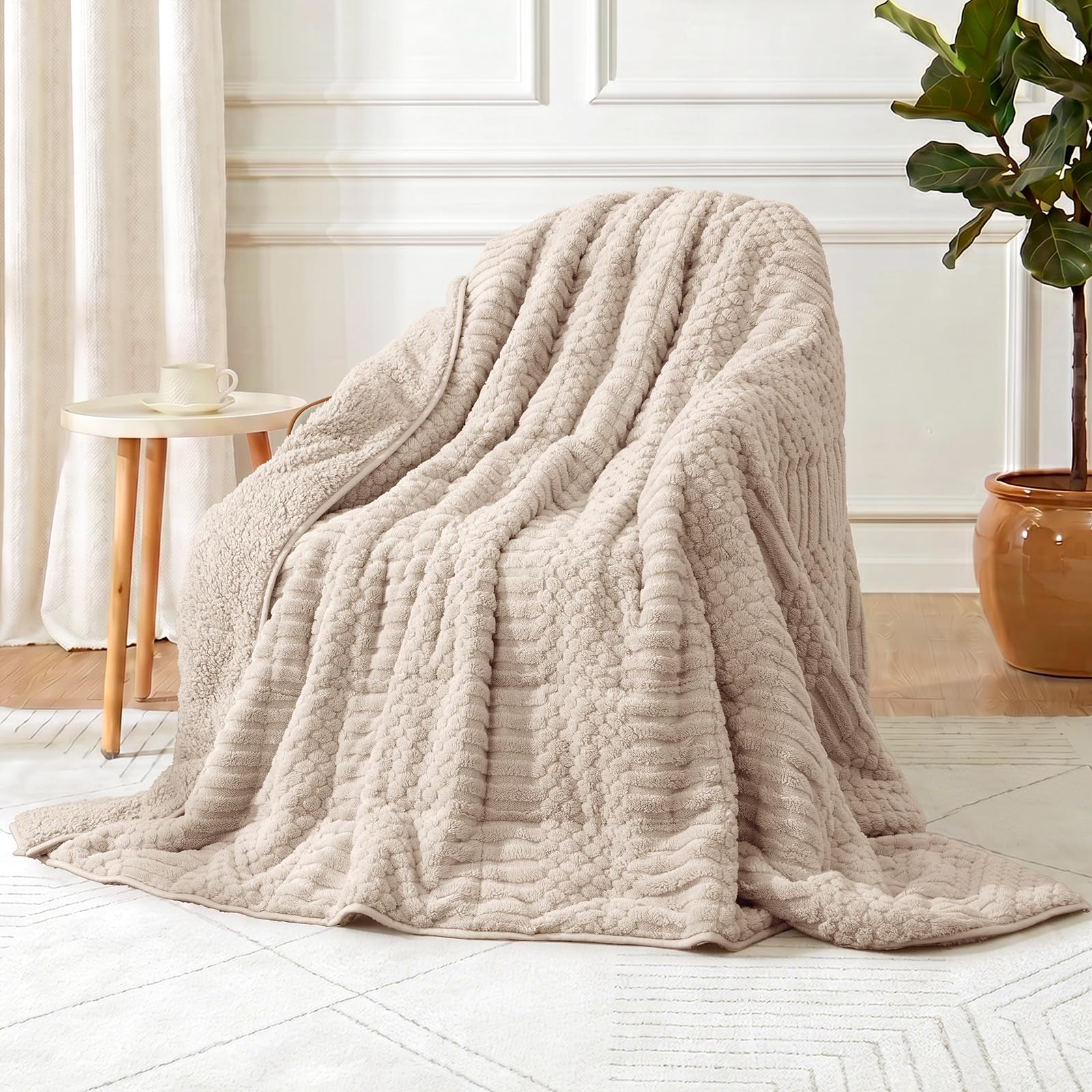 Wemore Sherpa Fleece Weighted Blanket for Adults, 48" x 72" 15 lbs Beige