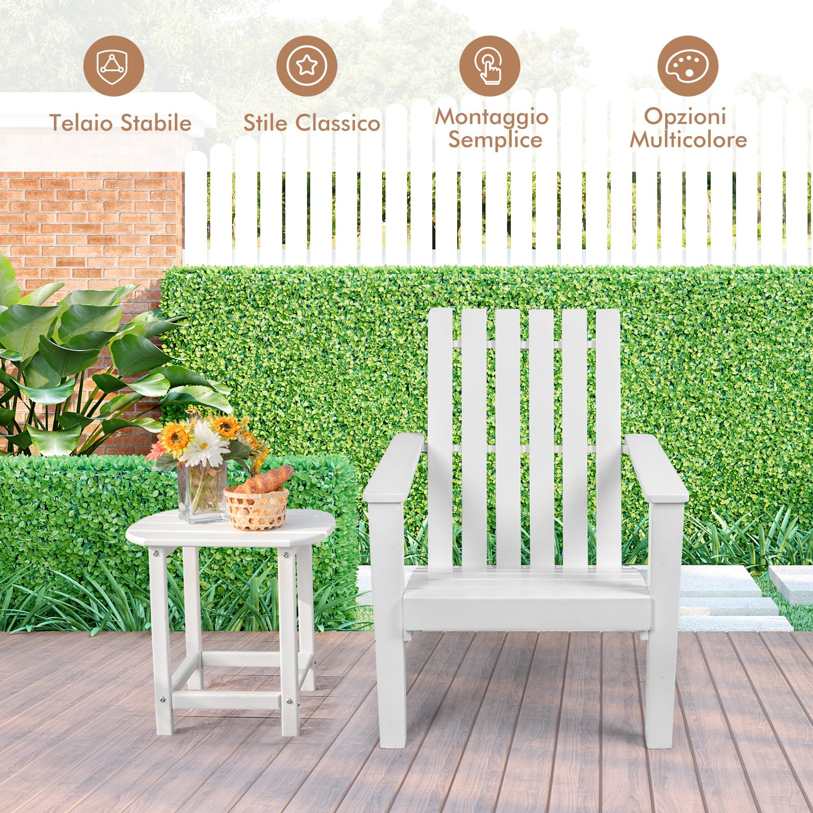 COSTWAY Sedia Adirondack Giardino in Legno, Portata 160 kg (Bianco)