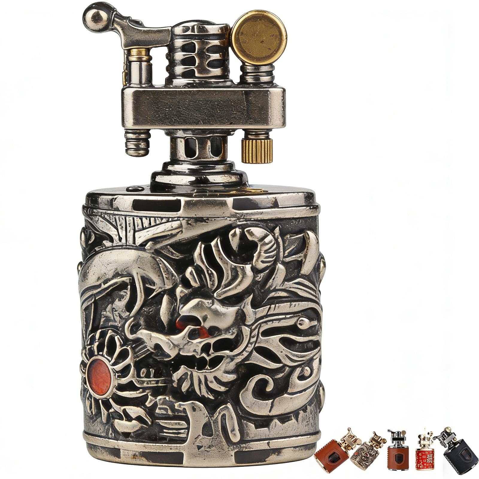 Briquet à kérosène de Bureau, Briquet en Forme de Dragon gravé en Cuir Gonflable rétro, Carburant Rechargeable, adapté à la Collection, à la décoration et aux Cadeaux(Silver)