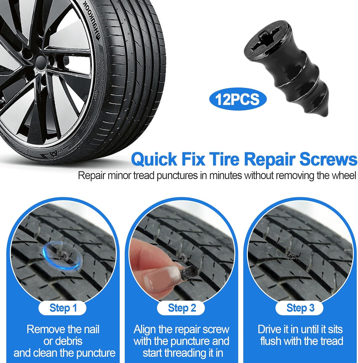 Tire Plug Kit, 160 PCS Tubeless Tire Repair Kit with Metal T-Handle Tools, Repair Strips, Screw-in Repair Plugs, Valve Stem Service Accessories, Pressure Gauge, Gloves & Hard Case