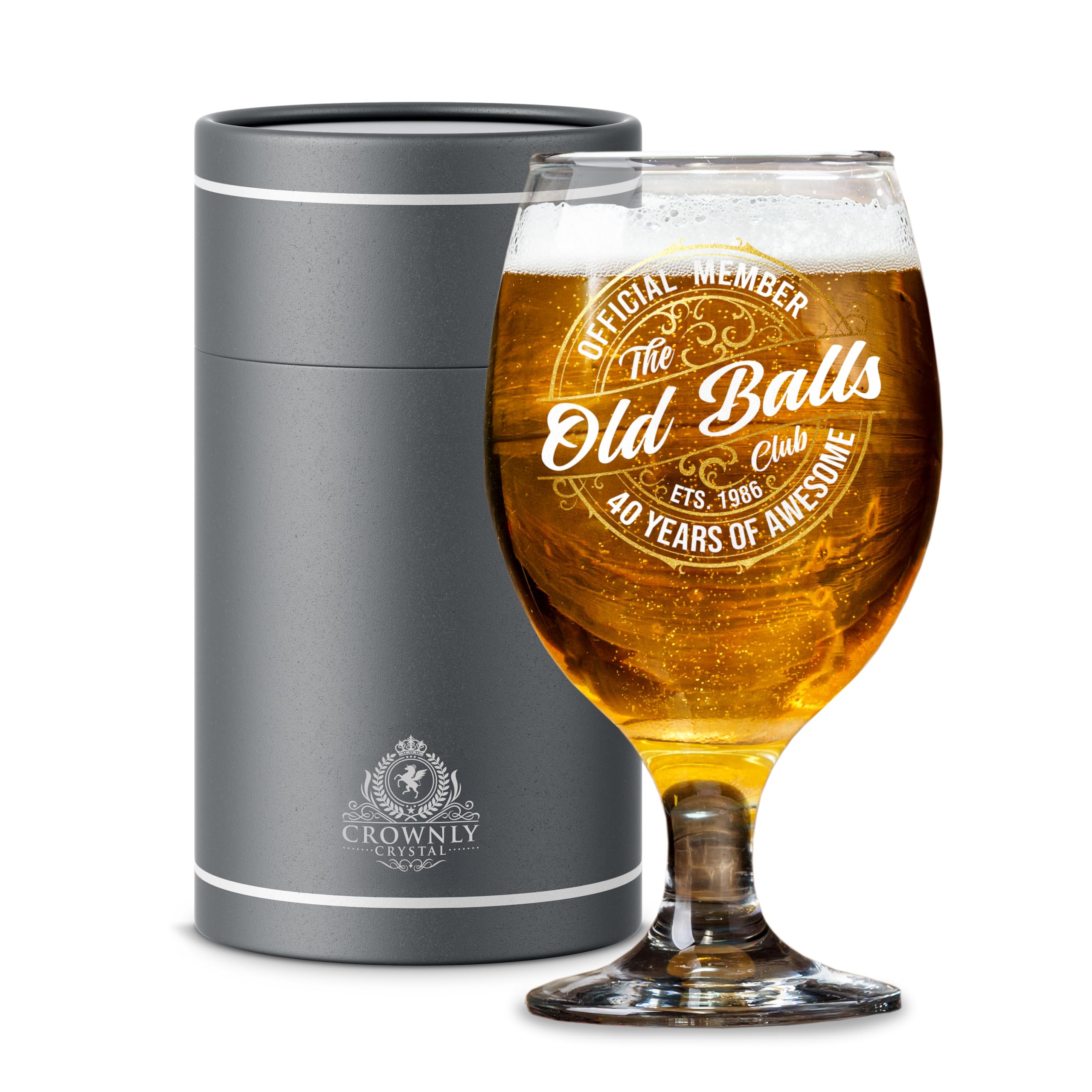 CROWNLY CRYSTAL 1986 40th Birthday Gift for Men Beer Glass 40 Years of Awesome Official Member The Old Old Balls Club Present for Dad Uncle Brother Friend