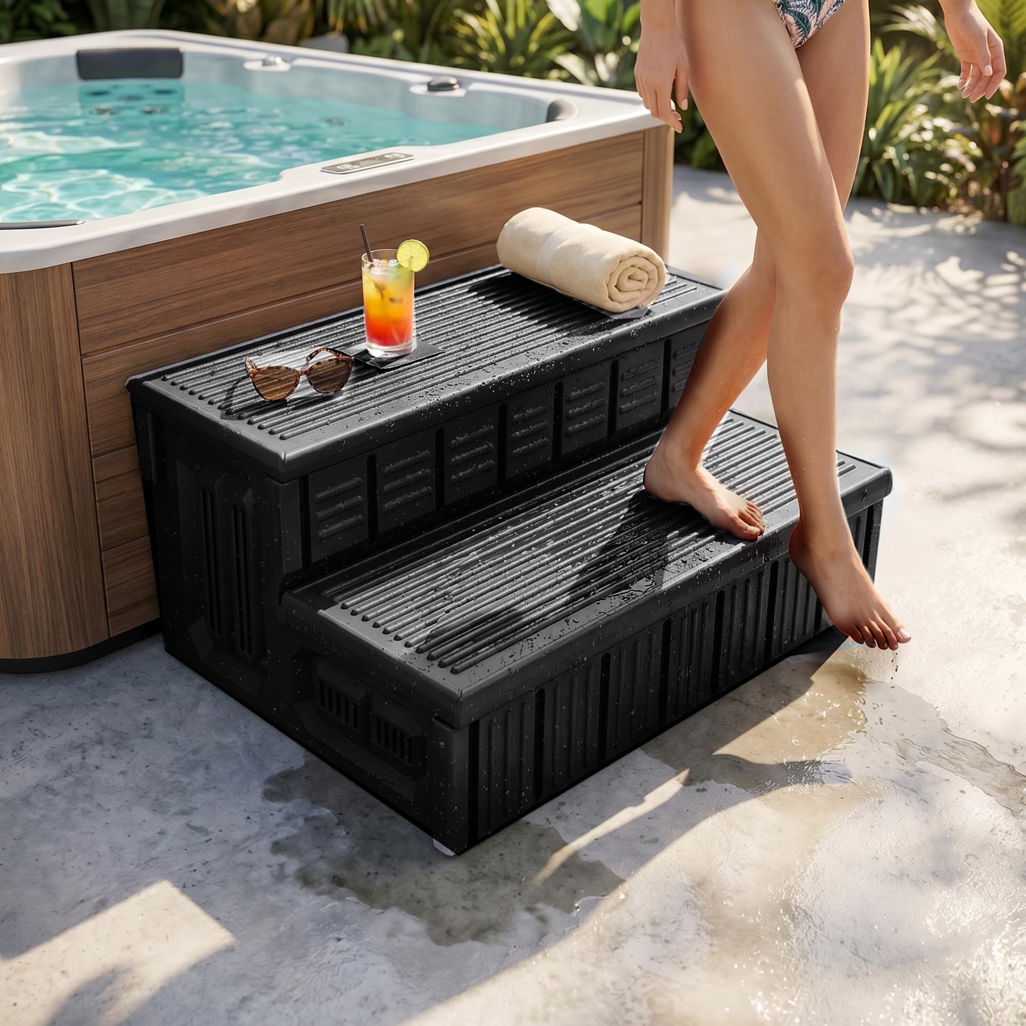 Escalones para bañera de hidromasaje, escalones de SPA al Aire Libre con Almacenamiento, Antideslizantes y Resistentes, 36 Pulgadas de Largo, Color Negro