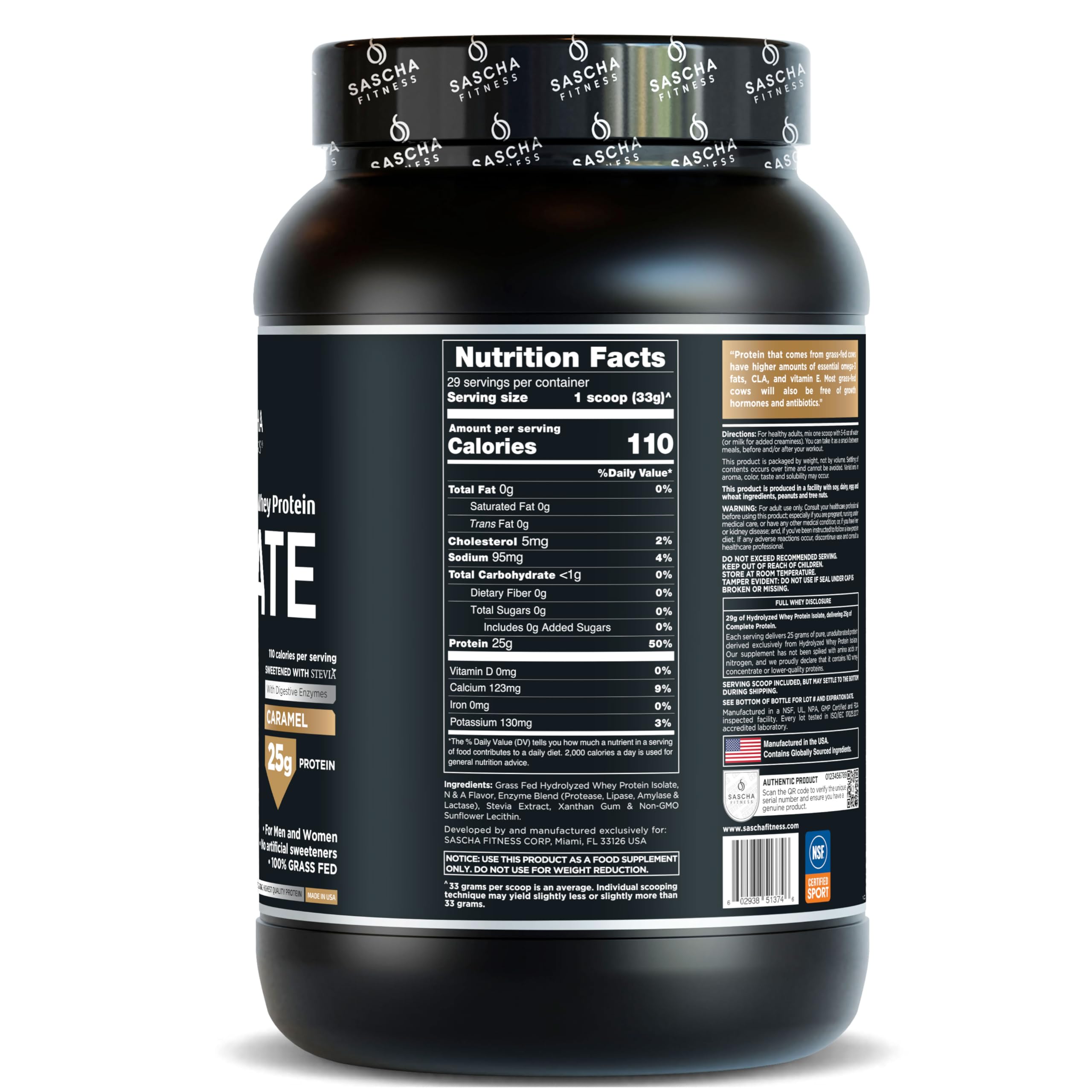 SASCHA FITNESS Hydrolyzed Whey Protein Isolate100% Grass-Fed 2.11 Pounds Caramel Flavor product thumbnail 3