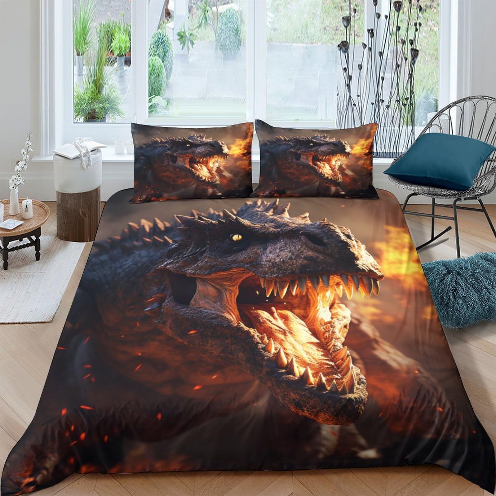 Parure housse de couette dinosaure 220x240 parure de lit 3Pcs pour chambre enfants IOFEER