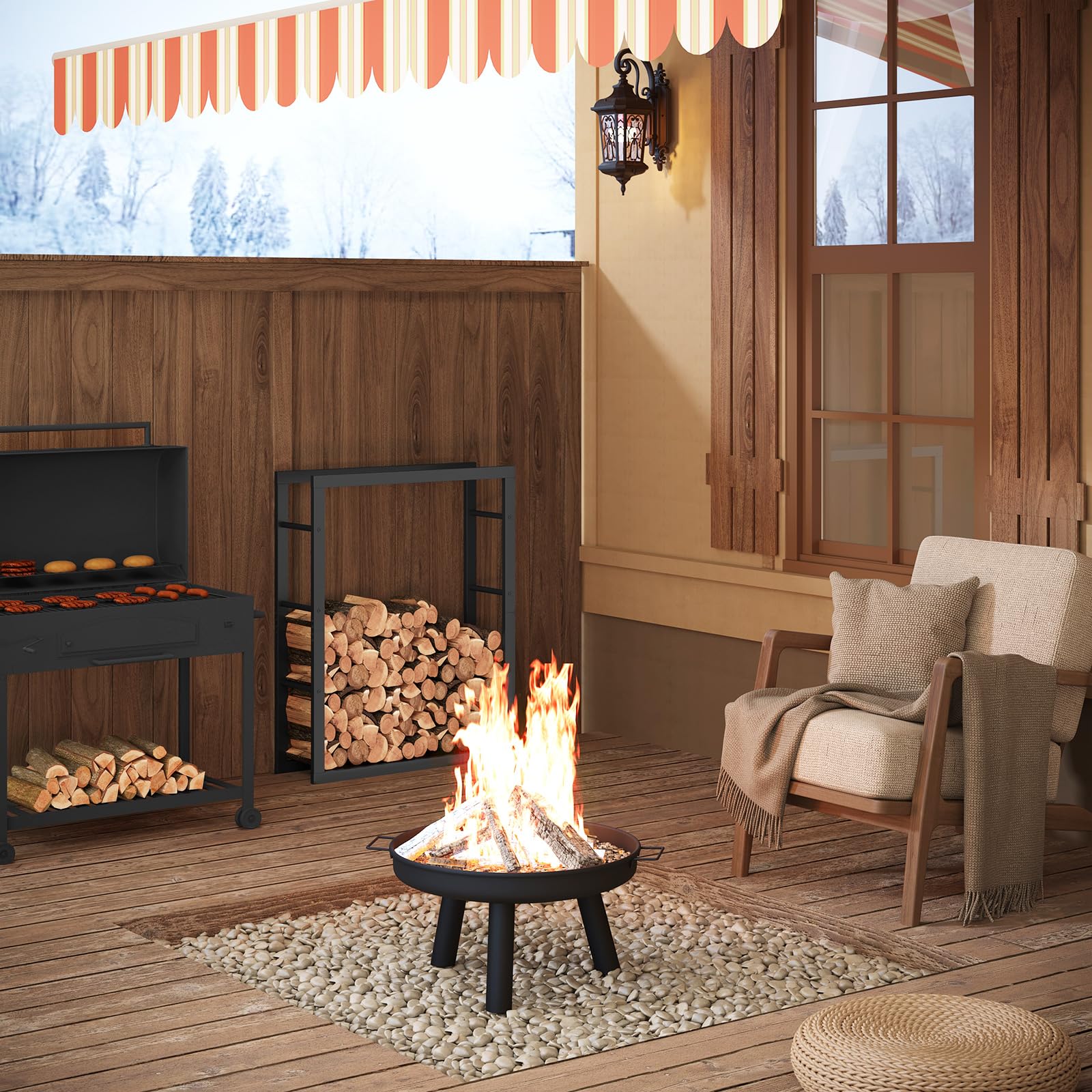 Laneetal Range-Bûches, Étagère pour Bois de Cheminée Intérieur Extérieur, 100x80x25cm, Métal, Noir