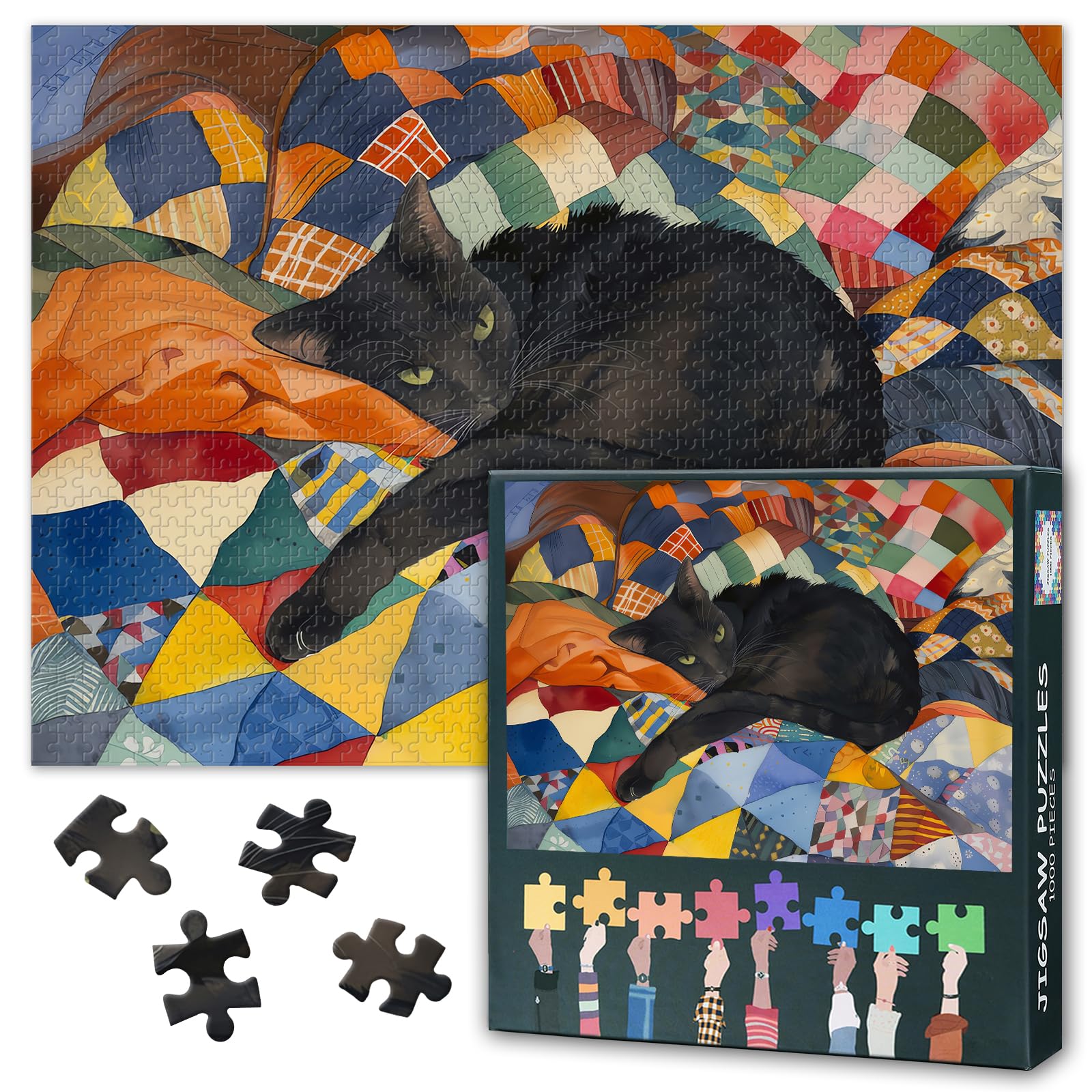 1000 Piece Jigsaw Puzzles for Adults, Adult Puzzles 1000 Pieces - Cozy Scene of a Black Cat Laying on a Vibrant Colorful Patchwork Quilt, Animal Cool Adult Puzzles(27.5x19.7 Inches)