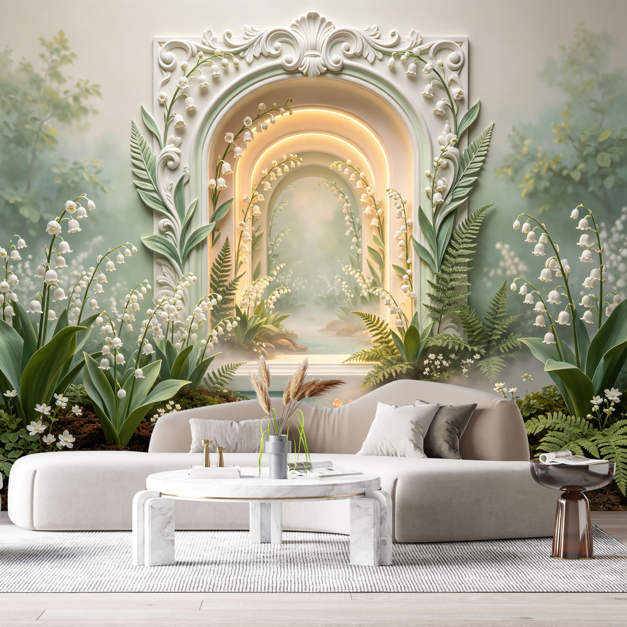 Custom Size Wall Murals Lily Flower Archway Botanical Neoclassical 3D Trompe L'Oeil SelfAdhesiveWall Fabric Removable Wallpaper Wall Decor for Living Room Bedroom Bathroom