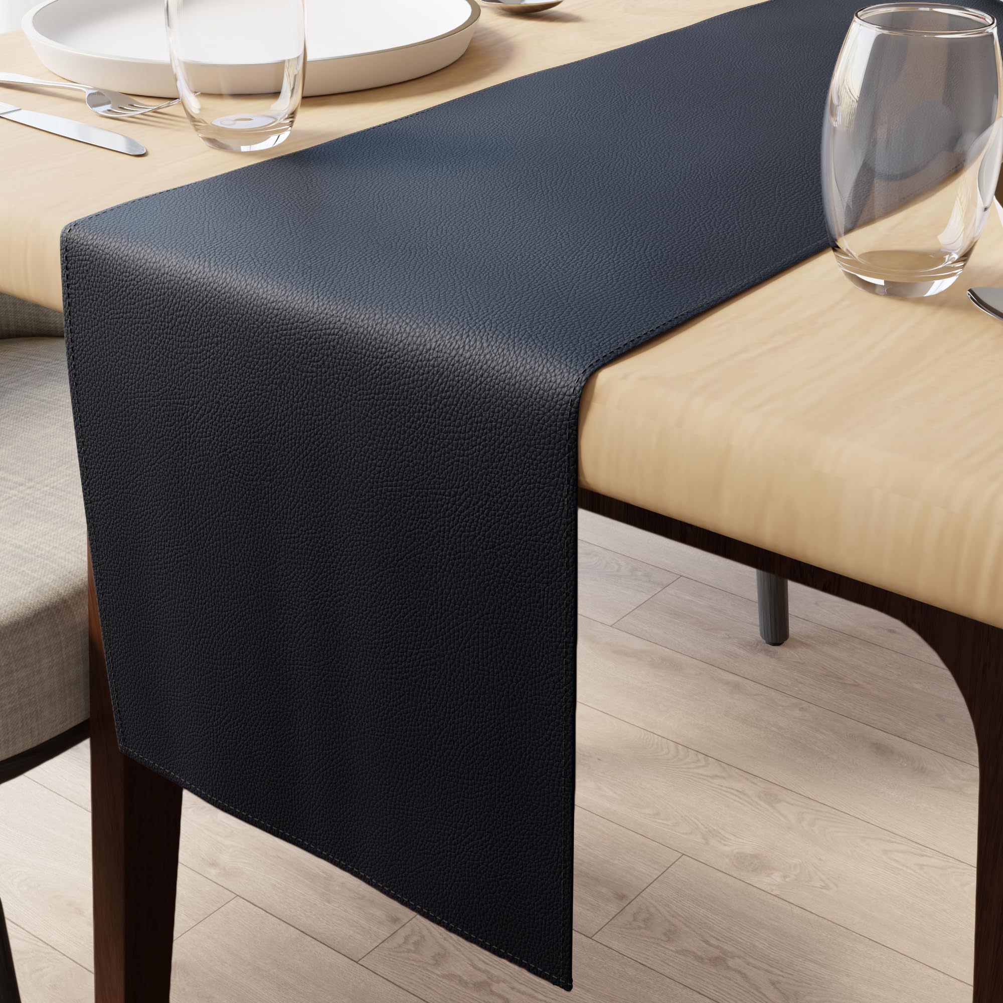 Encasa XO Faux Leather Table Runner | Size 30x150 cm with 0.7mm Thick | Waterproof & Nonslip Tricot Backing | Navy Blue Color For Dining & Kitchen Table Decor