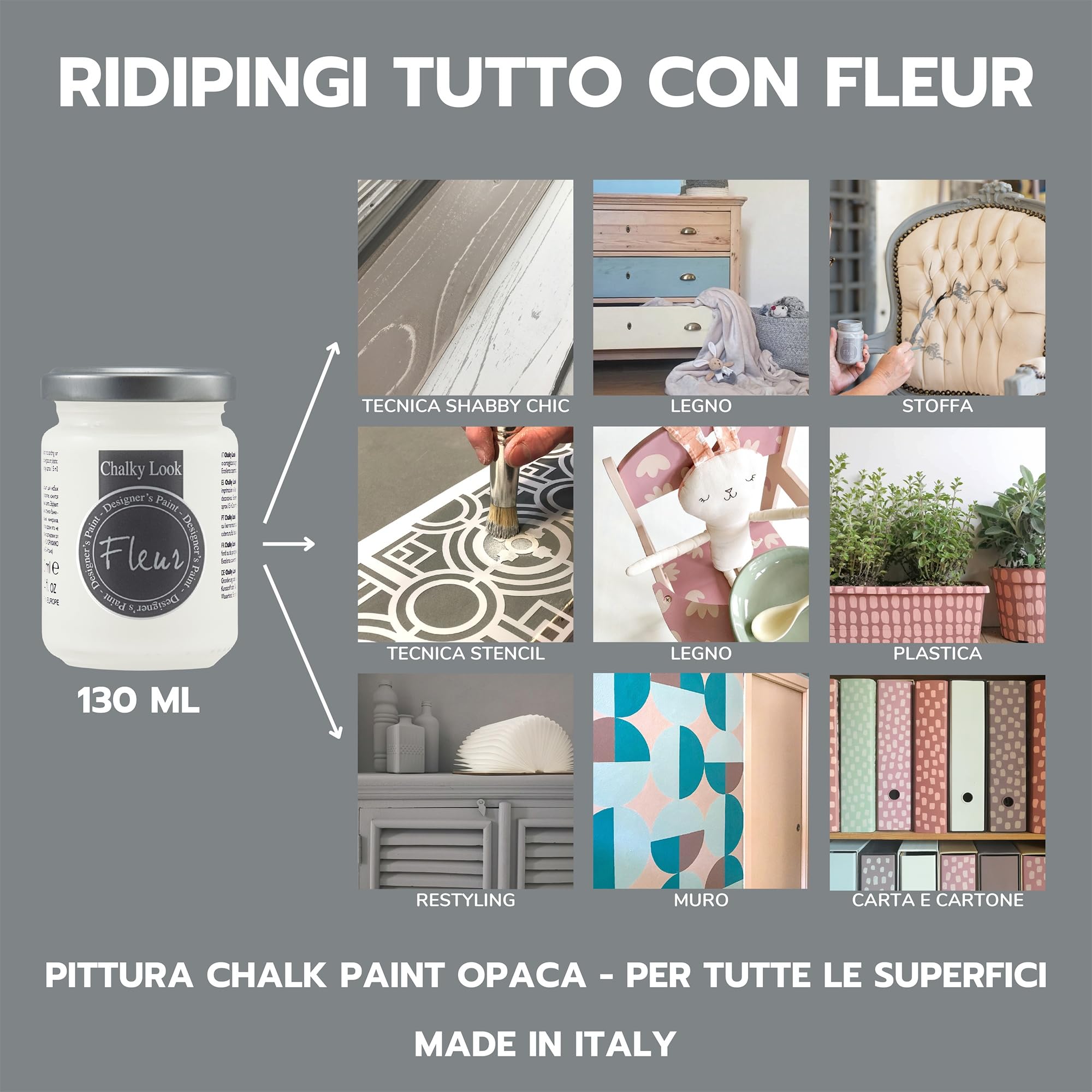 FLEUR DESIGNER'S PAINT | Pittura ad Acqua, Effetto Gesso Naturale, Extra Opaca, Fleur Chalky F68, Colore Sunsire Flirt, Made in Italy, Formato da 130 ml