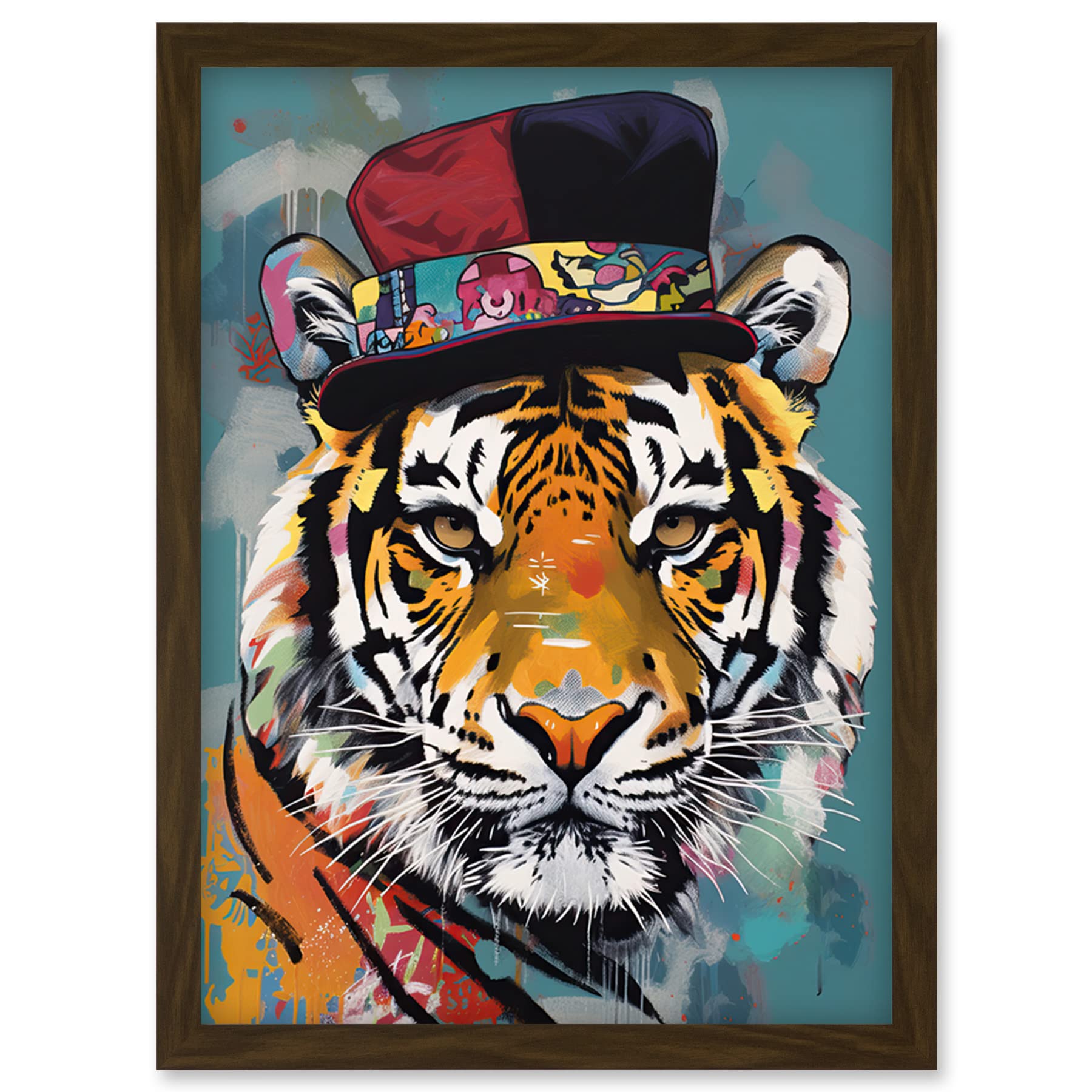 Artery8 Tiger Wearing Soft Felt Top Hat Modern Folk Art Artwork Framed Wall Art Print A4