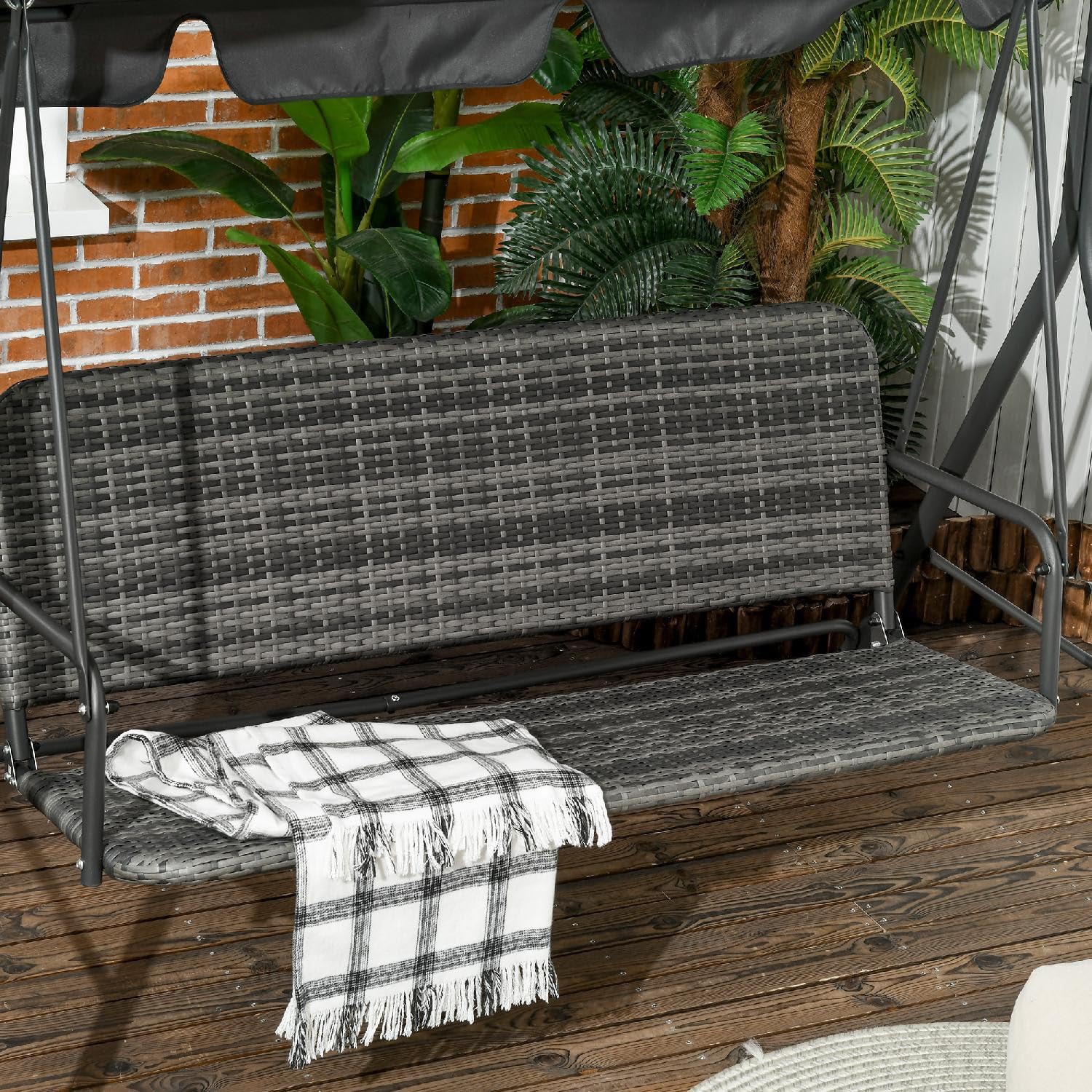 Dondolo da Giardino 3 Posti con Tettuccio Parasole in Acciaio/Rattan PE Dimensioni 167x112x153 cm Colore Grigio Scuro