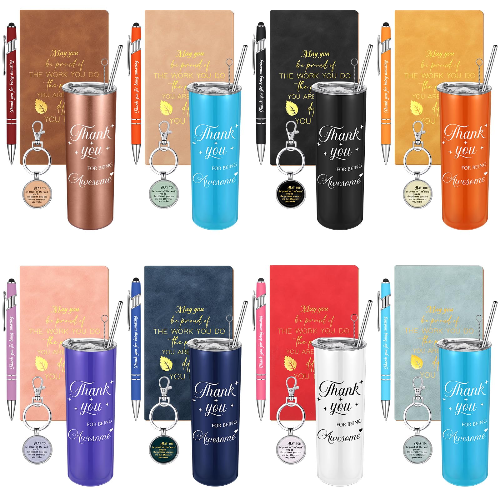 Ireer Regalos de agradecimiento a empleados, regalos de compañeros de trabajo, regalos de agradecimiento a granel para mujeres y hombres, vaso aislado, llavero, bloc de notas (colores vibrantes, 8