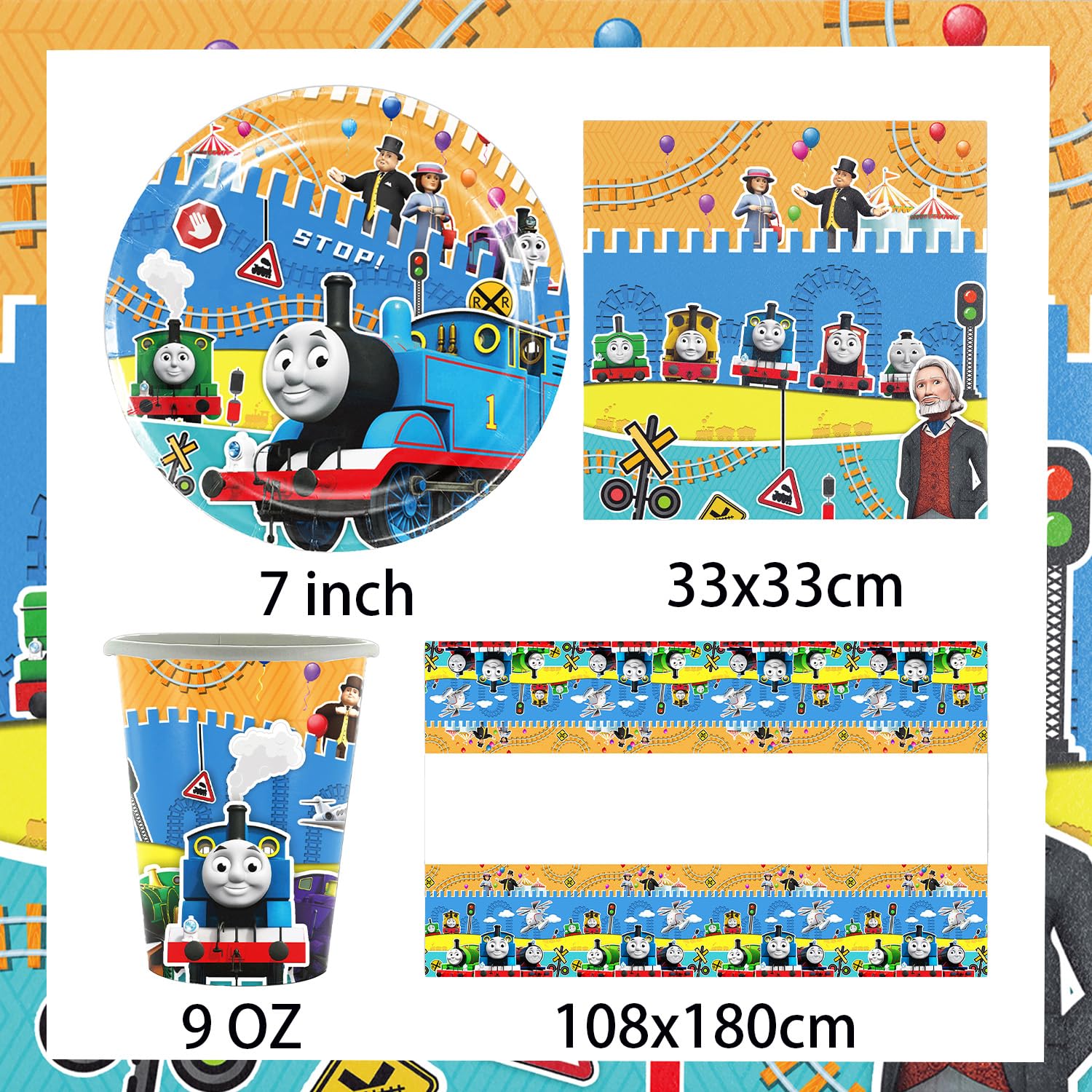 Set di 61 stoviglie Thomas per feste di compleanno per bambini, compresi piatti di carta, bicchieri, tovaglioli e tovaglie, adatte per 20 compleanni per bambini