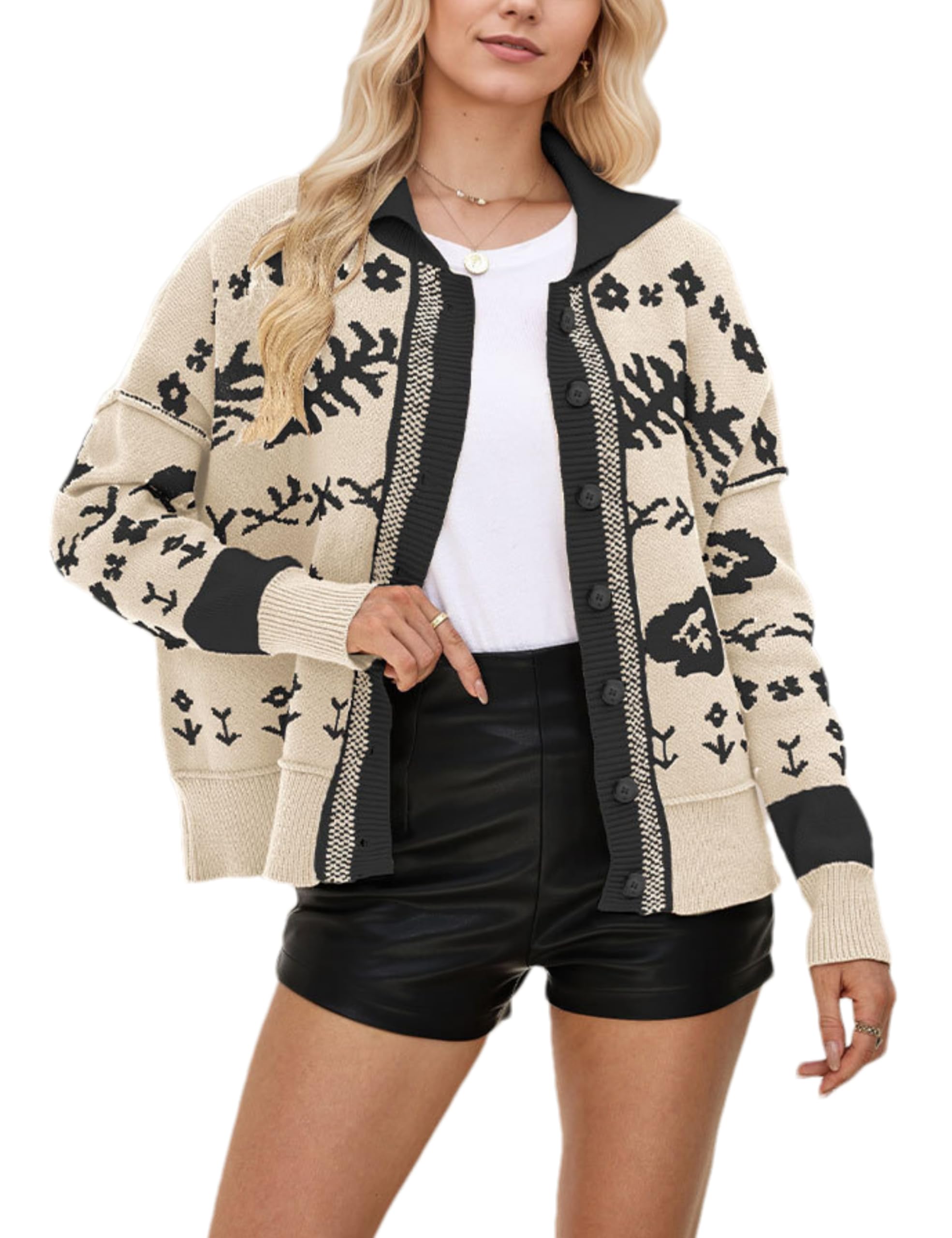 Wanzetaly Womens Cardigan Sweaters Long Sleeve Floral Print Cardigan Button Down Open Front Knit Sweater