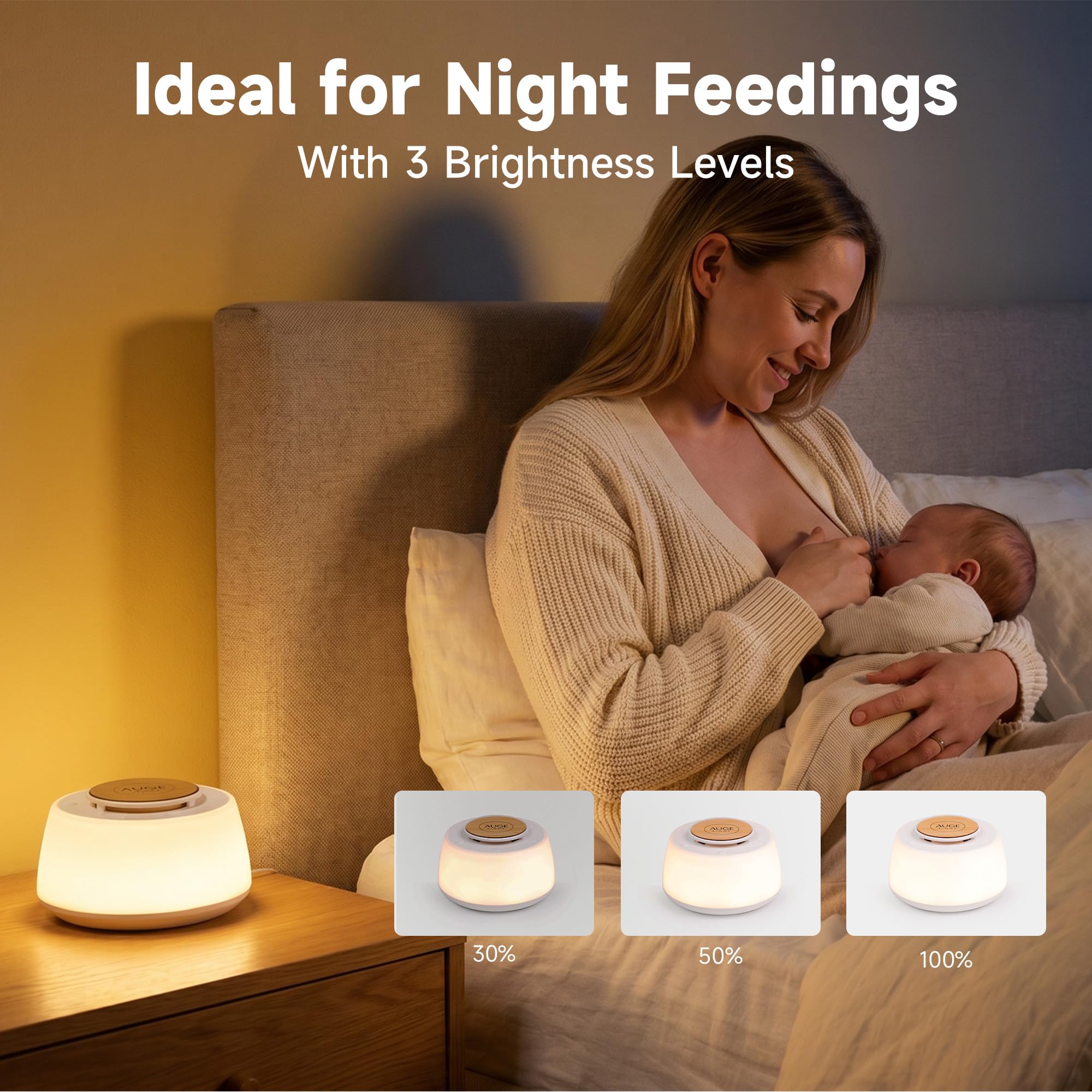 AUGE LIGHT Máquina de sonido de ruido blanco 4 en 1 con luces nocturnas, 30 sonidos relajantes, 32 niveles de volumen, 3 temporizadores, máquina de dormir portátil para bebés, niños y adultos, mesita
