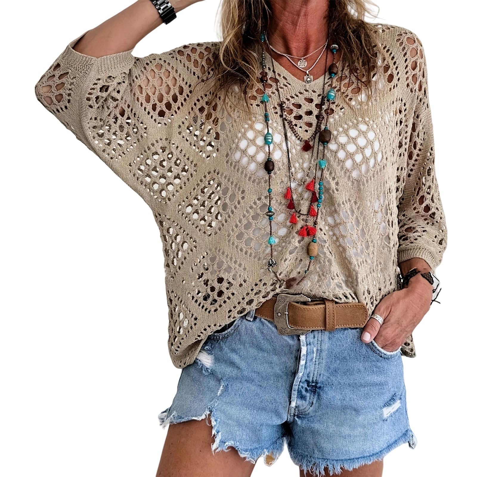 Boho Crochet Knit Tops for Women 3 4 Sleeve Hollow Out Sweater 2026 Summer Beach Cover ups Cruise