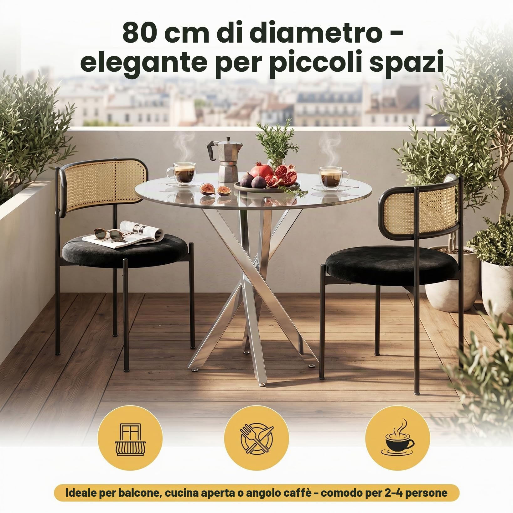 Tavolo da pranzo rotondo in vetro, 80 x 80 x 75 cm, moderno tavolo da pranzo in vetro, piano in vetro temperato, gambe del tavolo galvanizzate, tavolo da cucina rotondo, per cucina, soggiorno