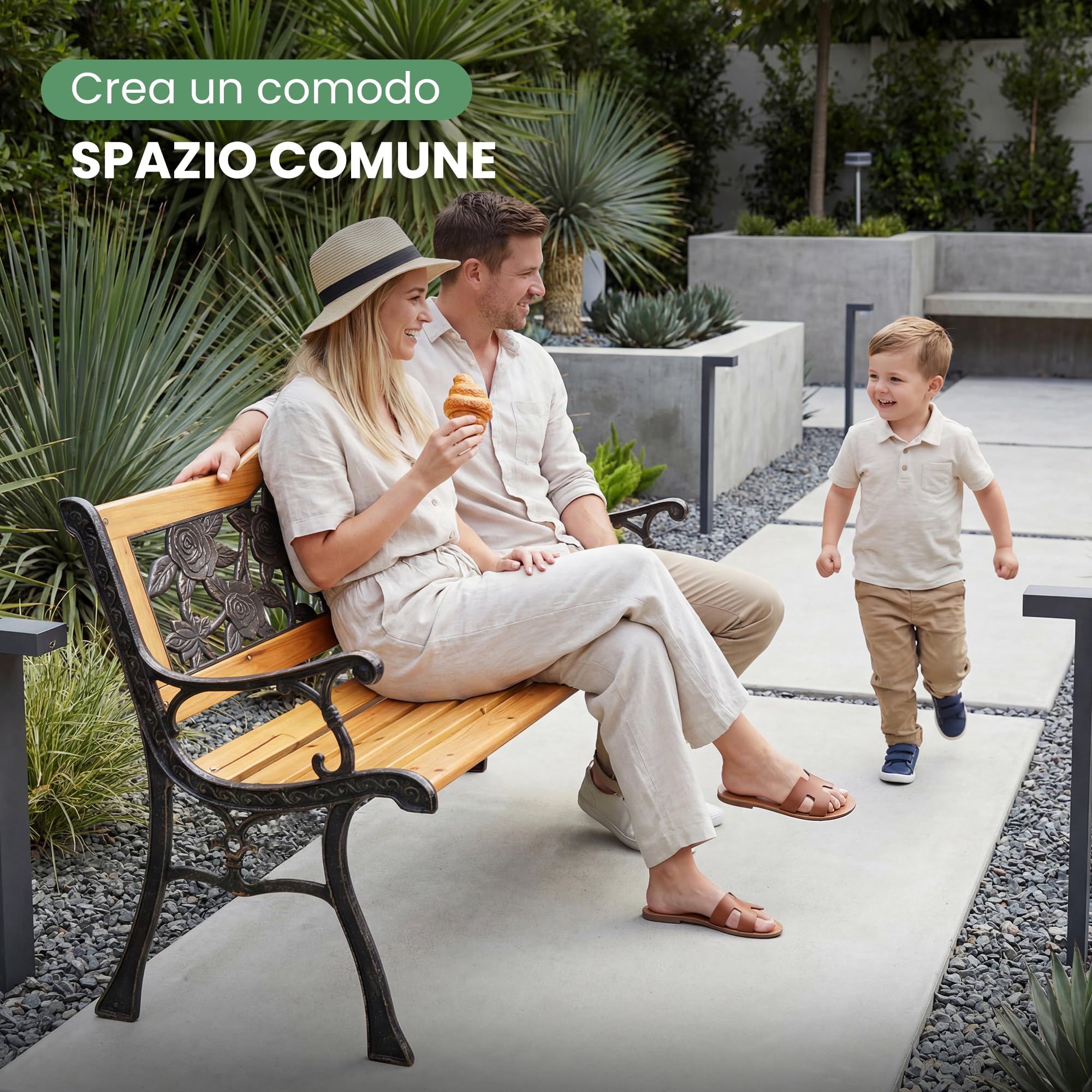 AKORD Panchina da Giardino ROSA con Gambe in Ghisa e Legno Verniciato | Panca da Esterno | Panchine Esterna con Bracciolo | Panche Moderno Resistente alle Intemperie | Larghezza 118 cm | Marrone