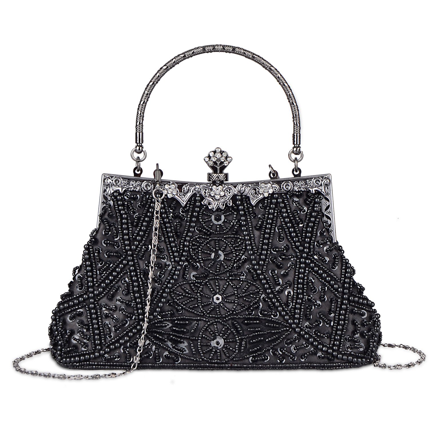 Fashion Vintage Style Handbag Beaded Sequined Evening Bag Wedding Party Handbag Rhinestone Clutch Purse (Black)