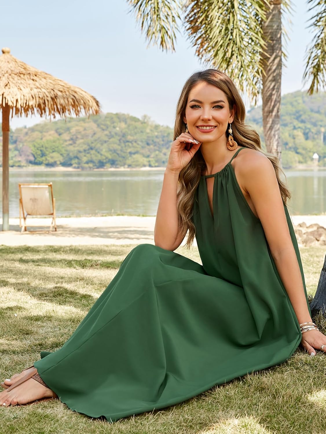 Kikibell Women's Halter Sleeveless Swing Flowy Maxi Summer Loose Pleated Long Sundress for Beach Vacation - Image 5