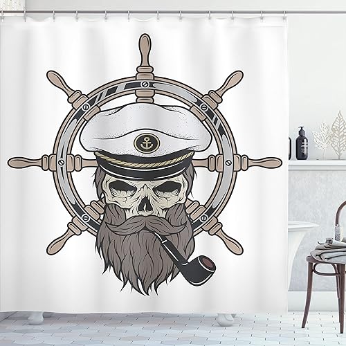 Ambesonne Cortina de ducha de calavera, capitán pirata con sombrero de marinero, barba y tema náutico, juego de decoración de baño de tela con