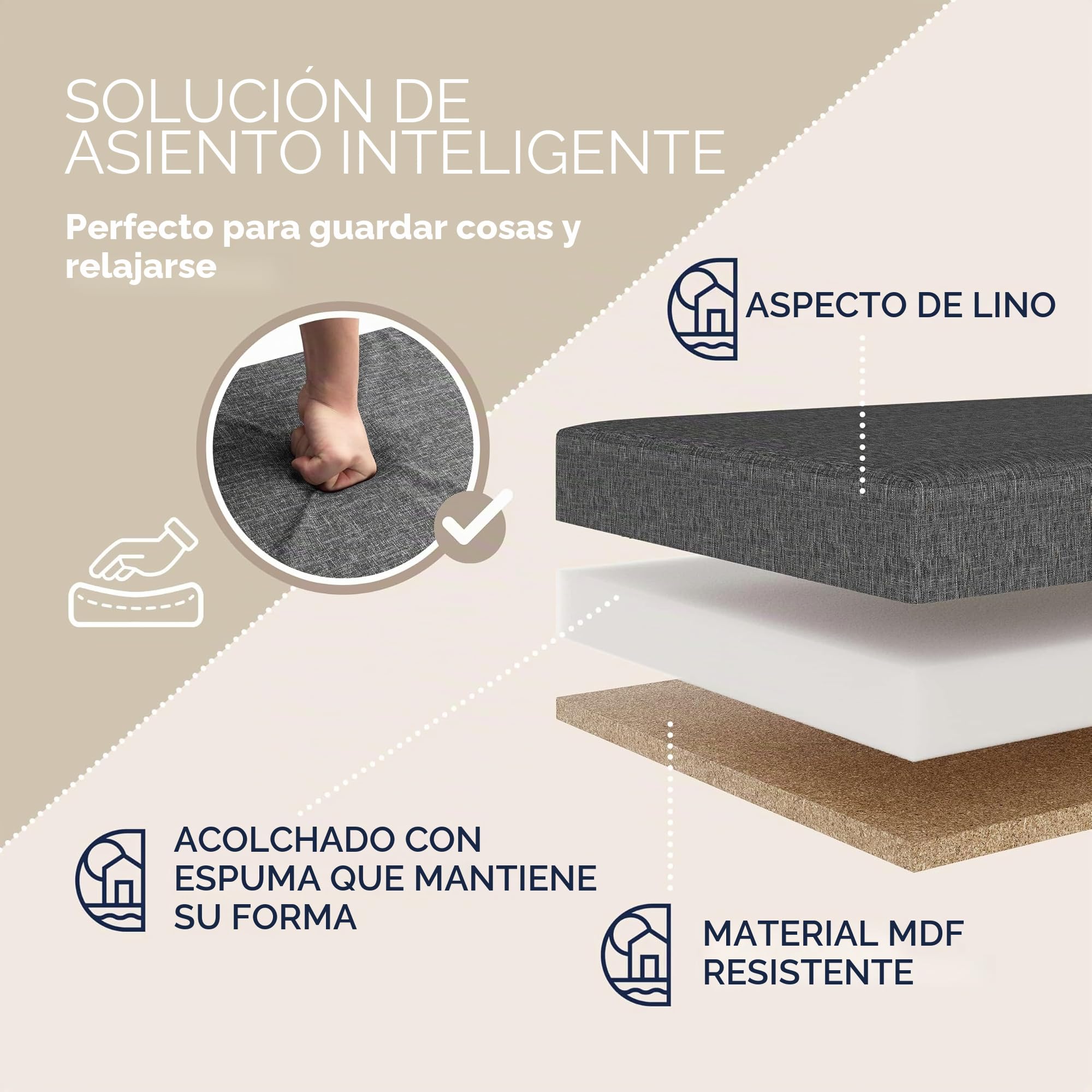 CASARIA® Banco Almacenaje Plegable Puff Reposapiés Otomana Almacenamiento Salón Dormitorio Capacidad Carga 300kg Resistente Efecto Lino 80x40x40cm Gris Oscuro