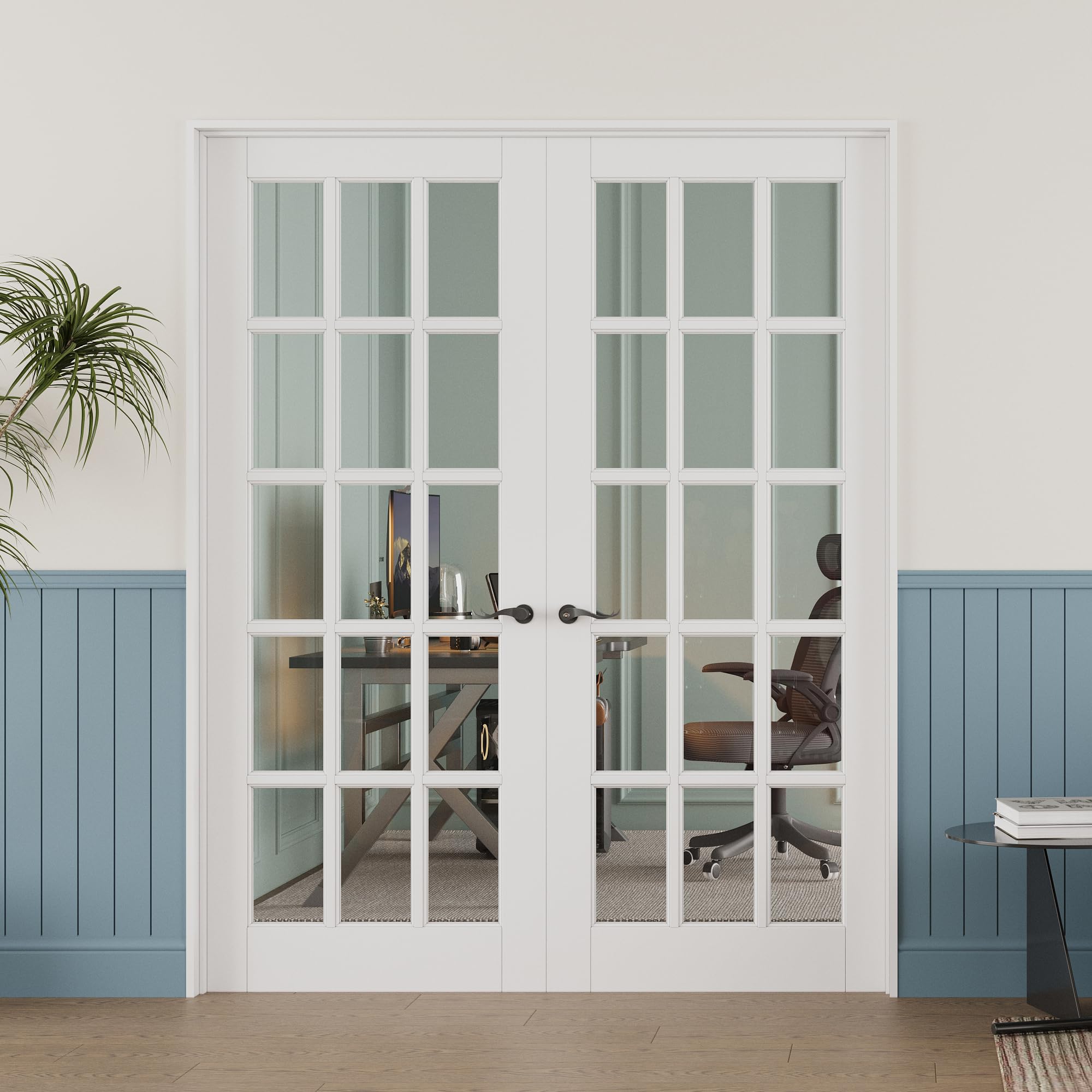 72'' x 80'' (Double 36x80) 15-Lite French Interior Doors, Clear Glass Slab Door for French/Pocket Doors, Solid Core Interior Glass Door for Bedroom/