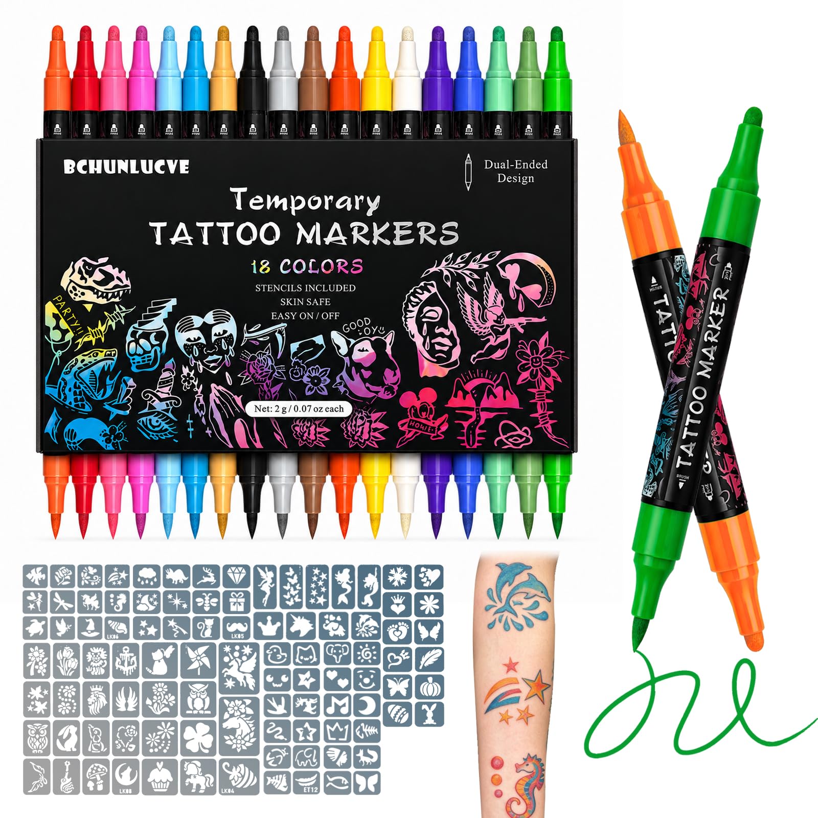 Photo 1 of 18 Colors Temporary Tattoo Markers for Skin, Dual-End Body Paint Markers with 96 Stencils, Non-Toxic Fake Tattoo Pens for Kids Teens Girls Boys, Easy On & Off, Creative Art Gift