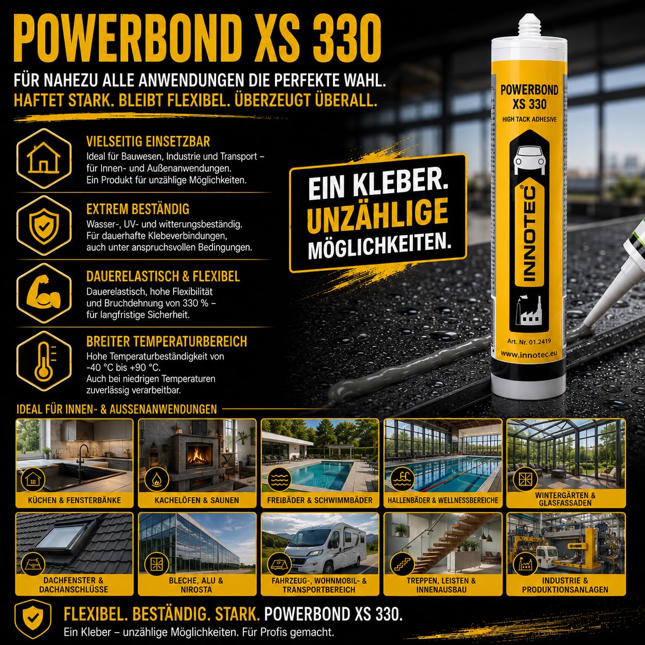 4 Stück Innotec Powerbond Schwarz - Premium Montagekleber - Kleben statt Bohren Wasserresistent - Kraftkleber für innen & außen - hohe Anfangshaftung universell einsetzbarer Baukleber - Kleber XS 330