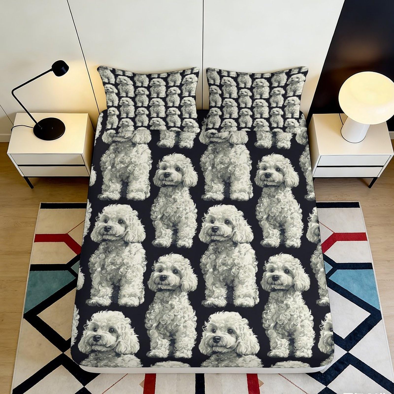 3D Printed White Poodle Fitted Sheet Microfiber Soft Black Dog Bed Cover for Bedroom Dorm Mattress Protection Decor 90x200x25cm