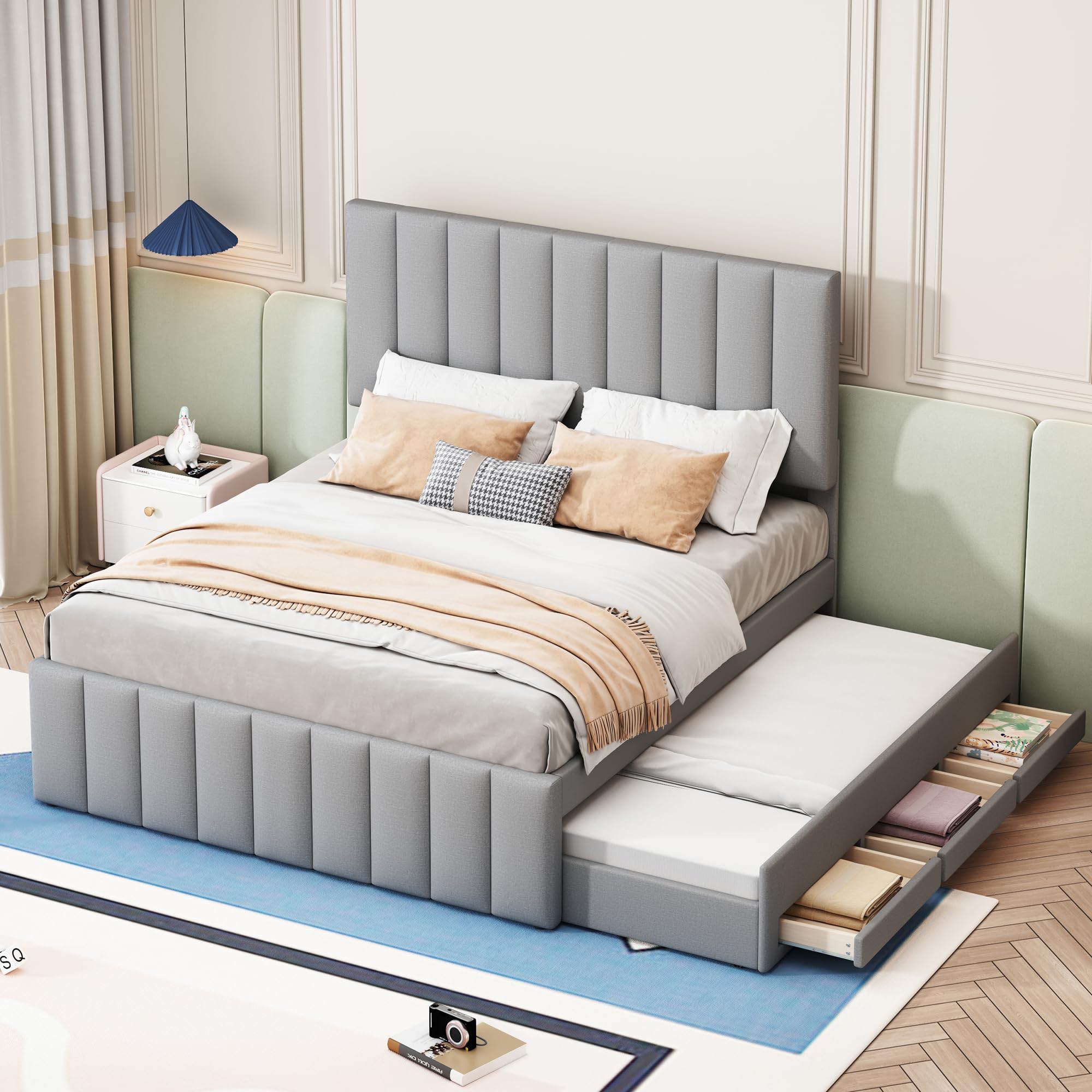 Letto Tessile 140x200cm con Sommier a doghe stabili e Struttura Letto Matrimoniale fissa piattaforma tre cassetti inferiori secondo letto estraibile testiera regolabile Grigio