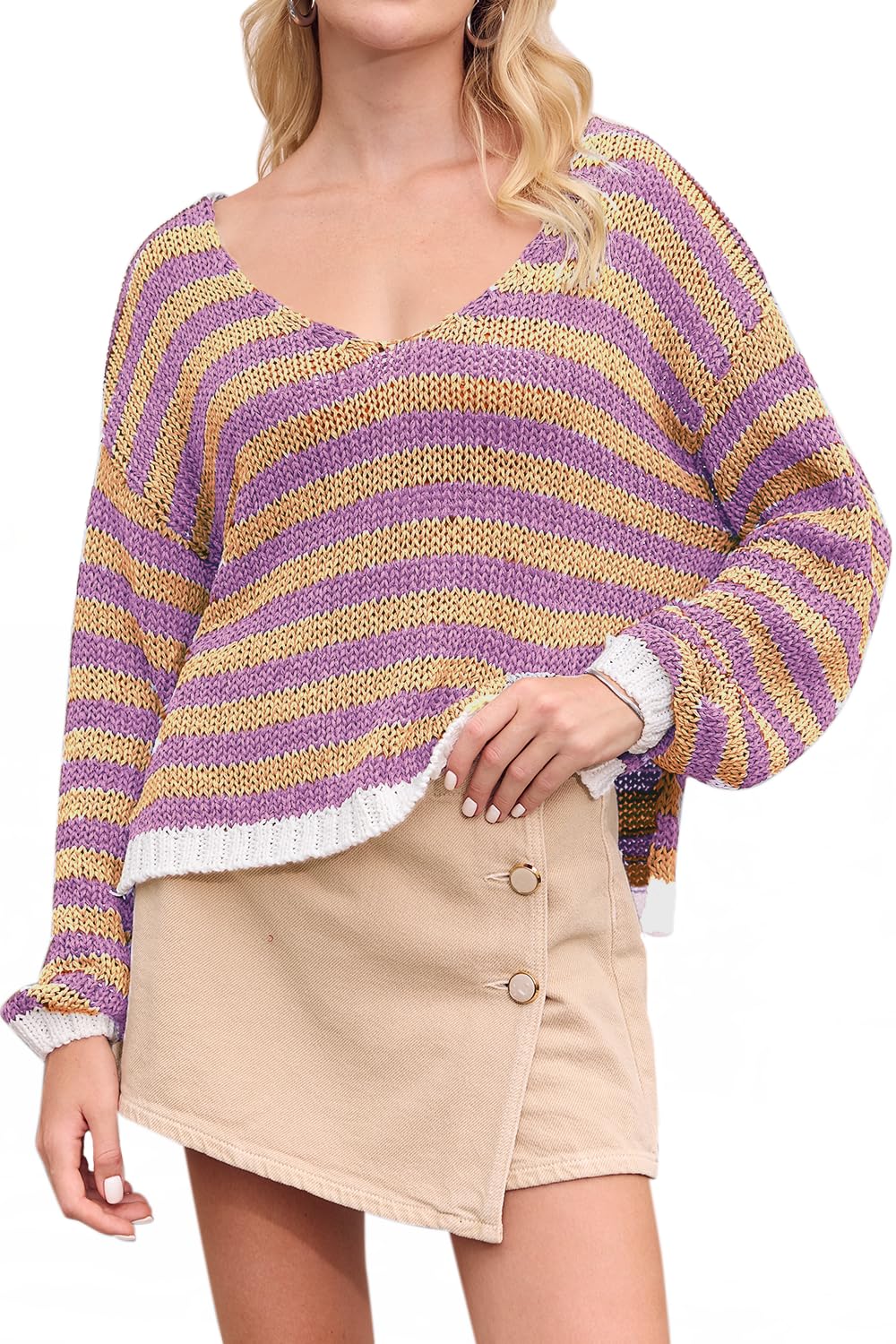 Women's V Neck Long Sleeve Sweaters 2024 Fall Oversized Striped Color Block Drop Shoulder Knit Side Slit Pullover Tops