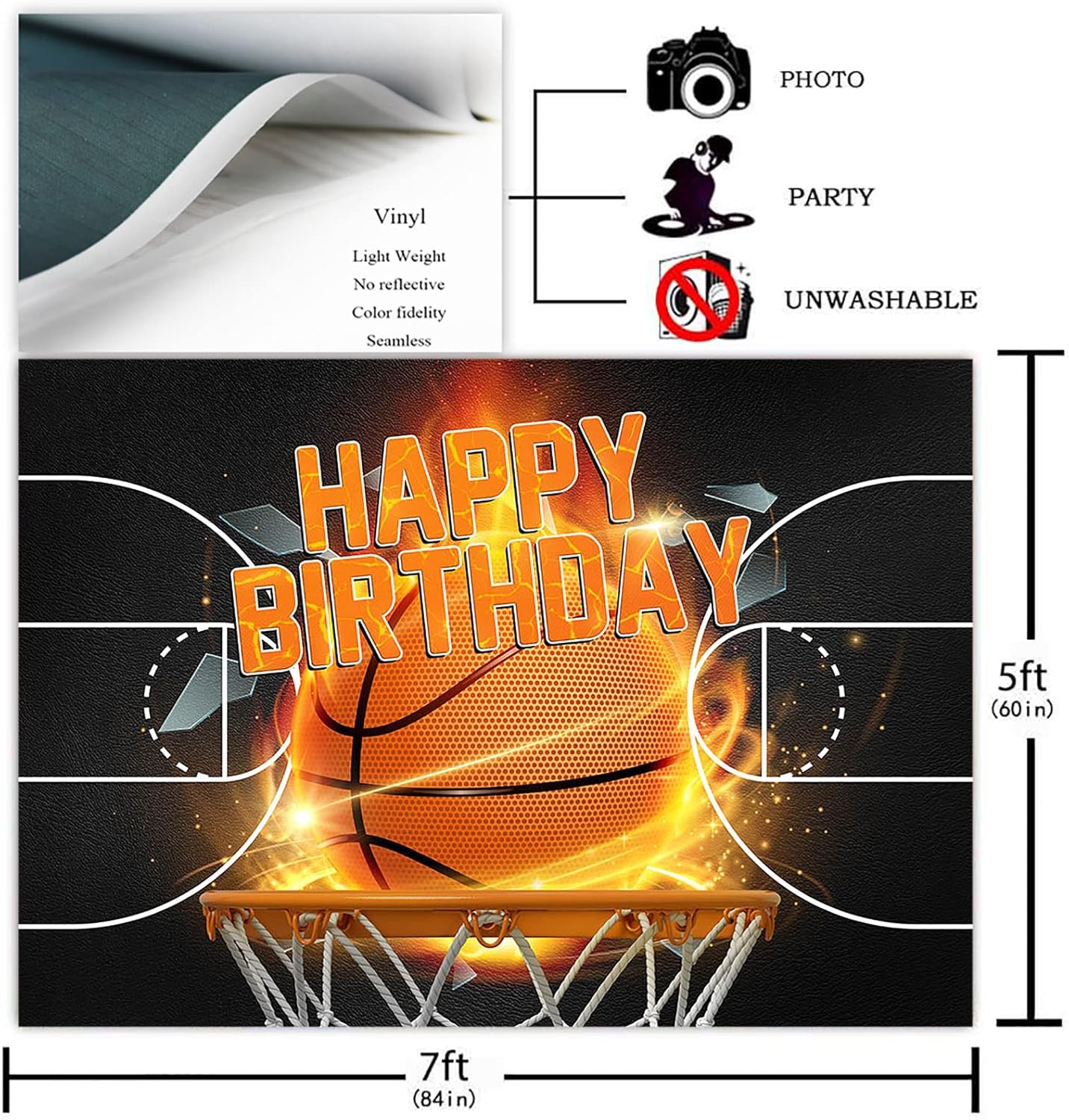 Avezano Basketball Birthday Decorations Sport Theme Basketball Birthday Backdrop Black Men and Boys Birthday Party Photo Background Cake Table Banner Party Supplies (7x5ft) - Image 2