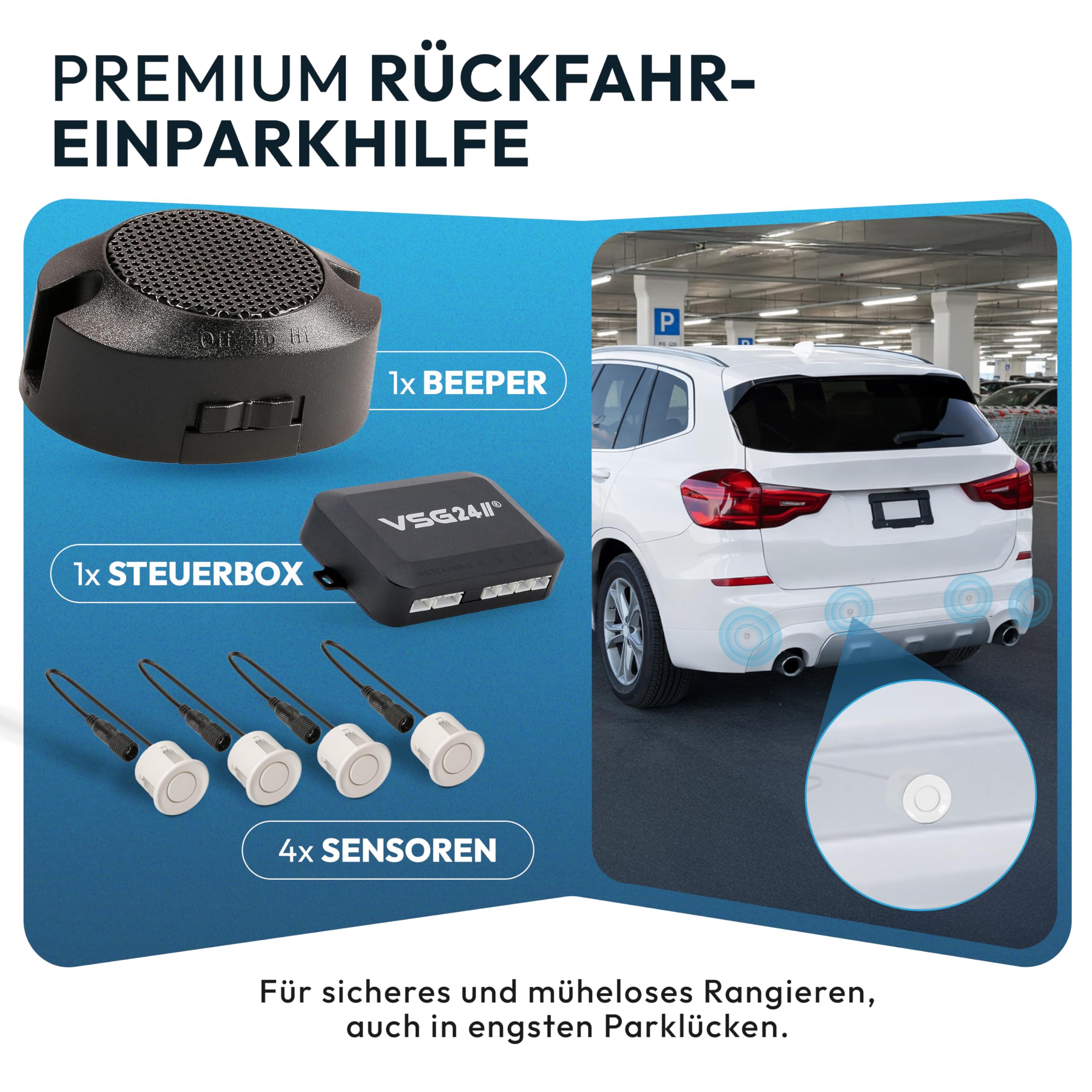 VSG24 Einparkhilfe Set hinten mit 4 Sensoren in Weiß – robuste PDC Parkhilfe für Auto, SUV & Transporter – akustischer Rückfahrwarner, 30–150 cm Reichweite – 12V Nachrüstsystem