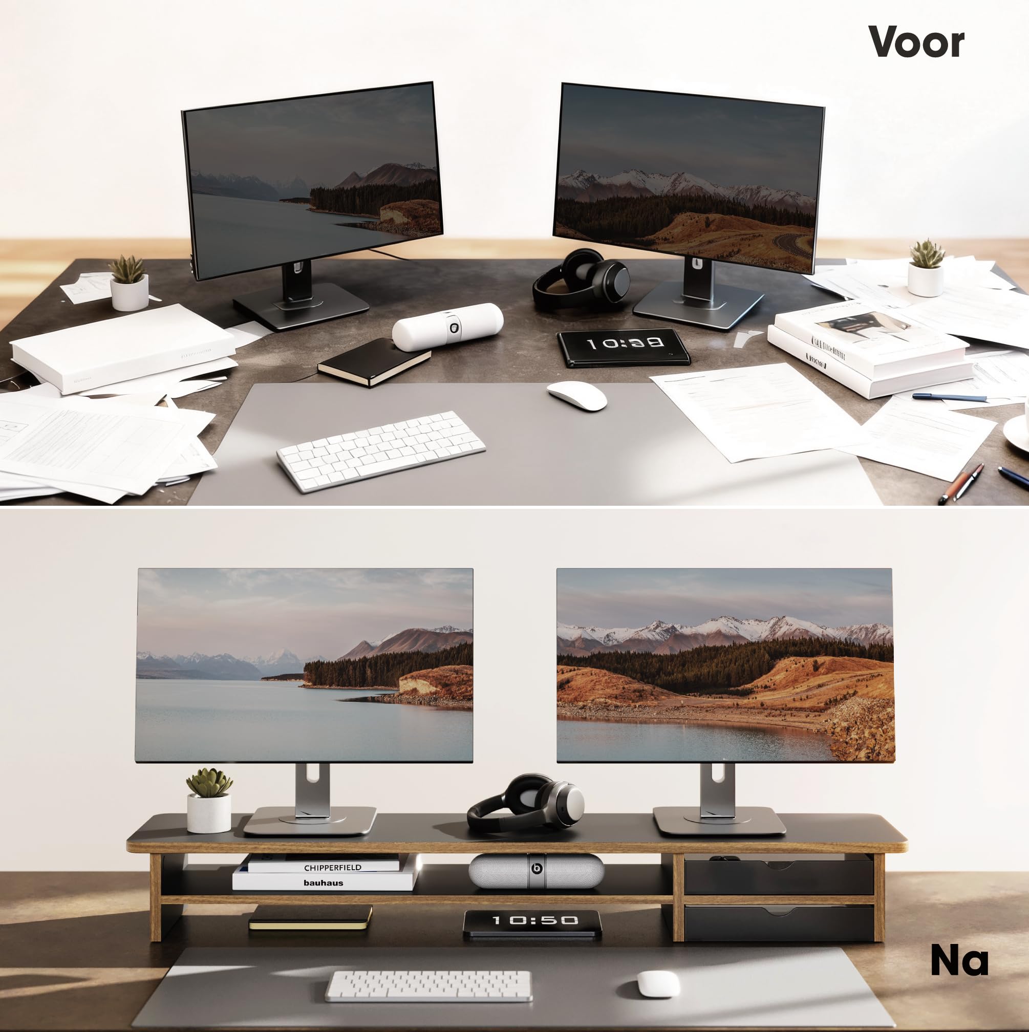Fenge Supporto per Doppio Monitor con 2 Acrilico Cassetti, Supporto per Monitor in Legno per PC/Laptop/stampante 108x23,5x14cm (Nero)