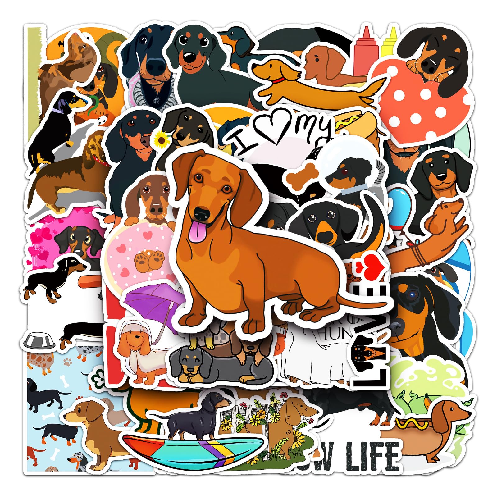 AUCEKO 50 Stück Dachshund Aufkleber Pack Wurst Hund Sticker Set wasserdichte Vinyl Sticker für Laptop Kinder Autos Motorrad Fahrrad Skateboard Gepäck Koffer Computer Aufkleber Graffiti Decal