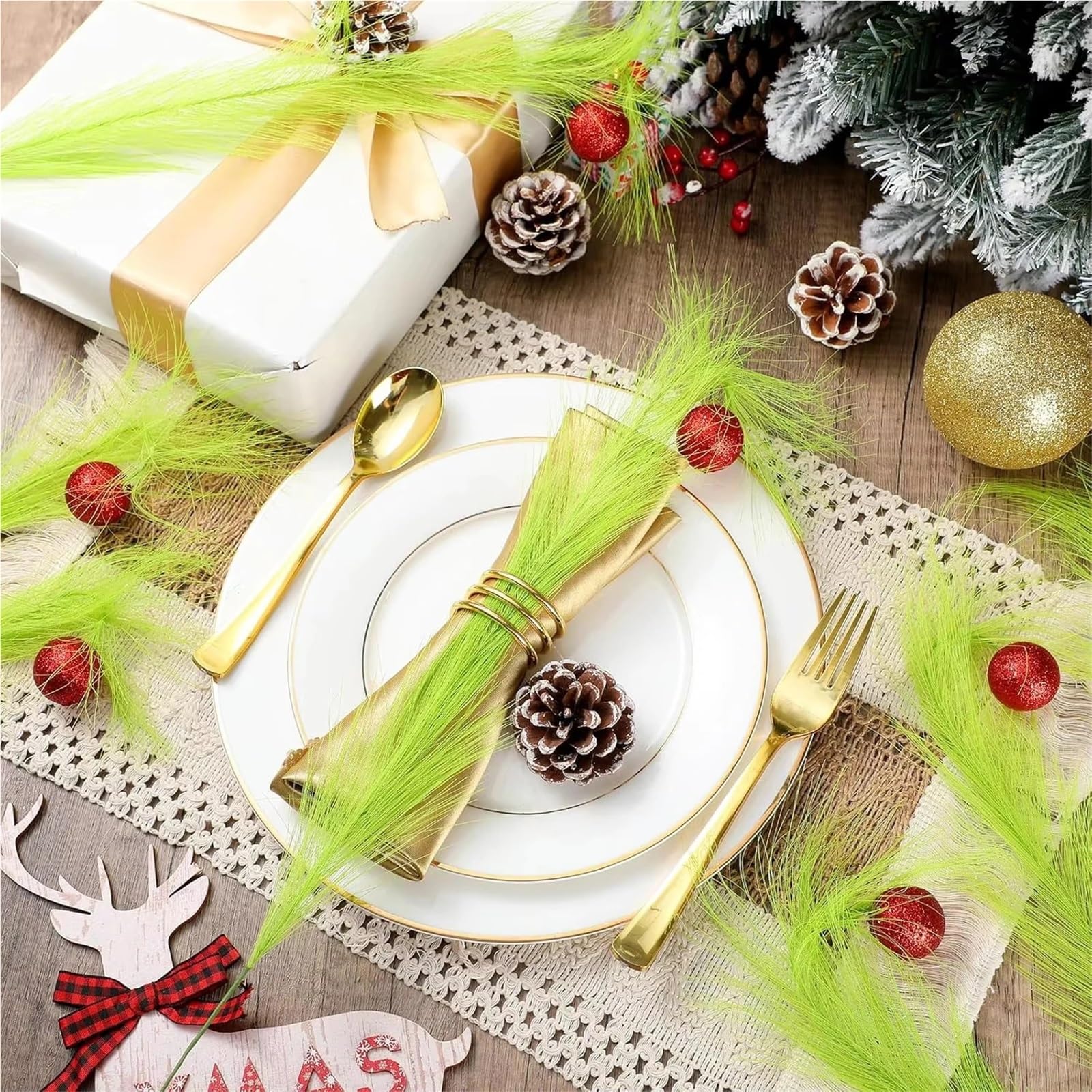 Herbe de Pampa Artificielle avec Boules Scintillantes, Plantes artificielles Vertes et Rouges for décoration Sapin Mariage(50pcs)
