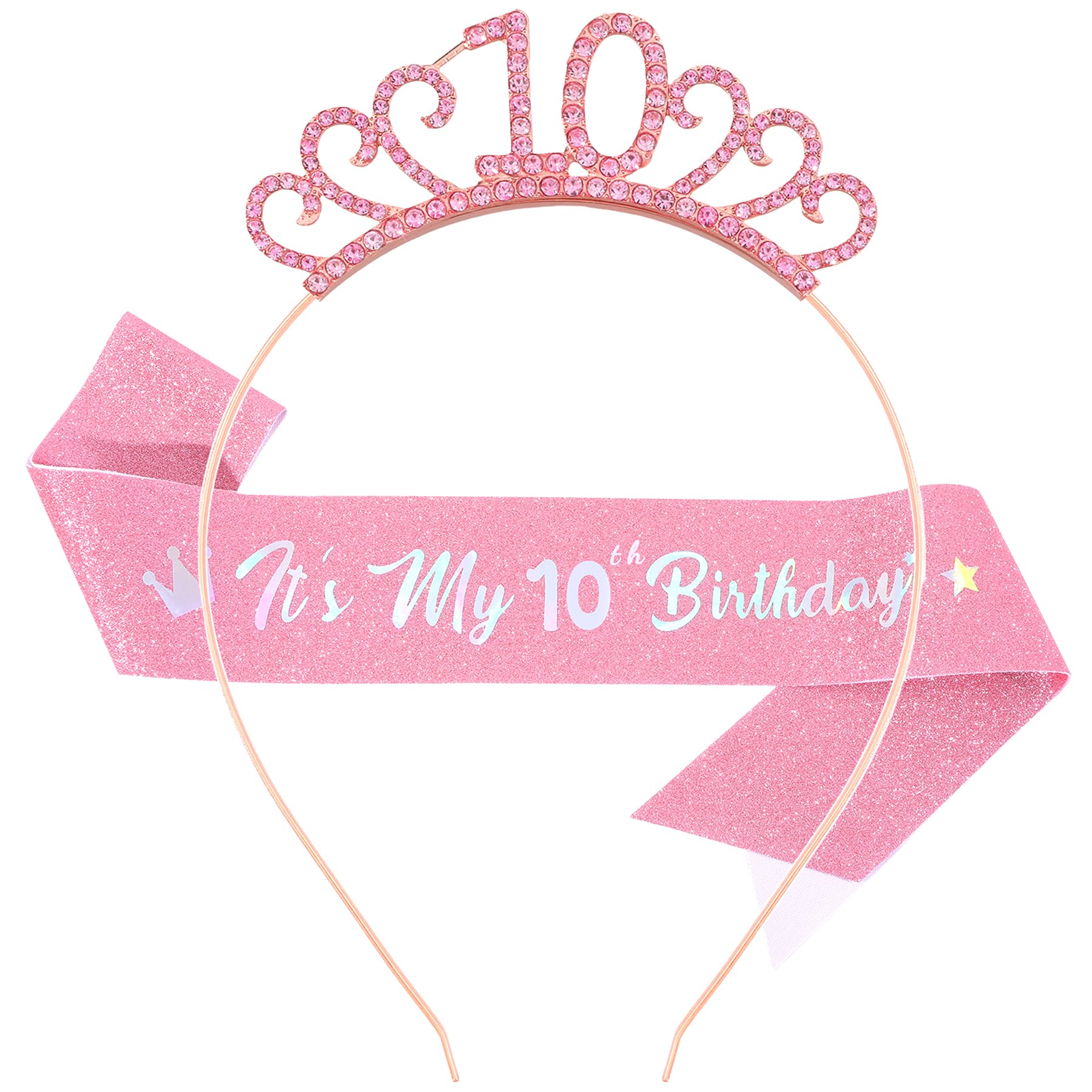 WeveriColle 10th Birthday Sash and Crown Tiara Hat Headband for Girls 10th Birthday Decorations for Girl 10th Birthday Gift Party Accessory Pink
